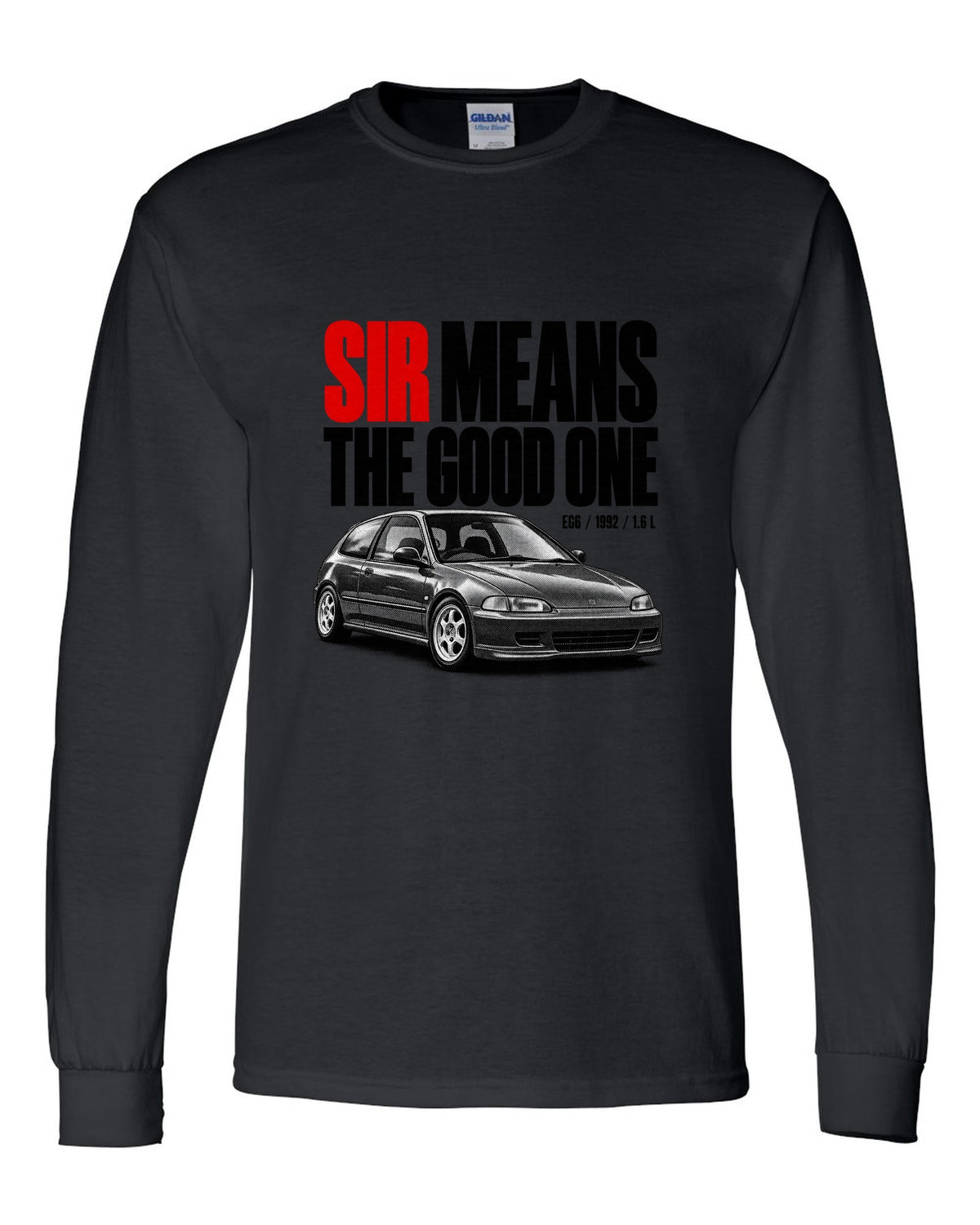 Halftone print of a 1992 Honda Civic EG6 SiR chback with SiR text black long sleeve front view with the design