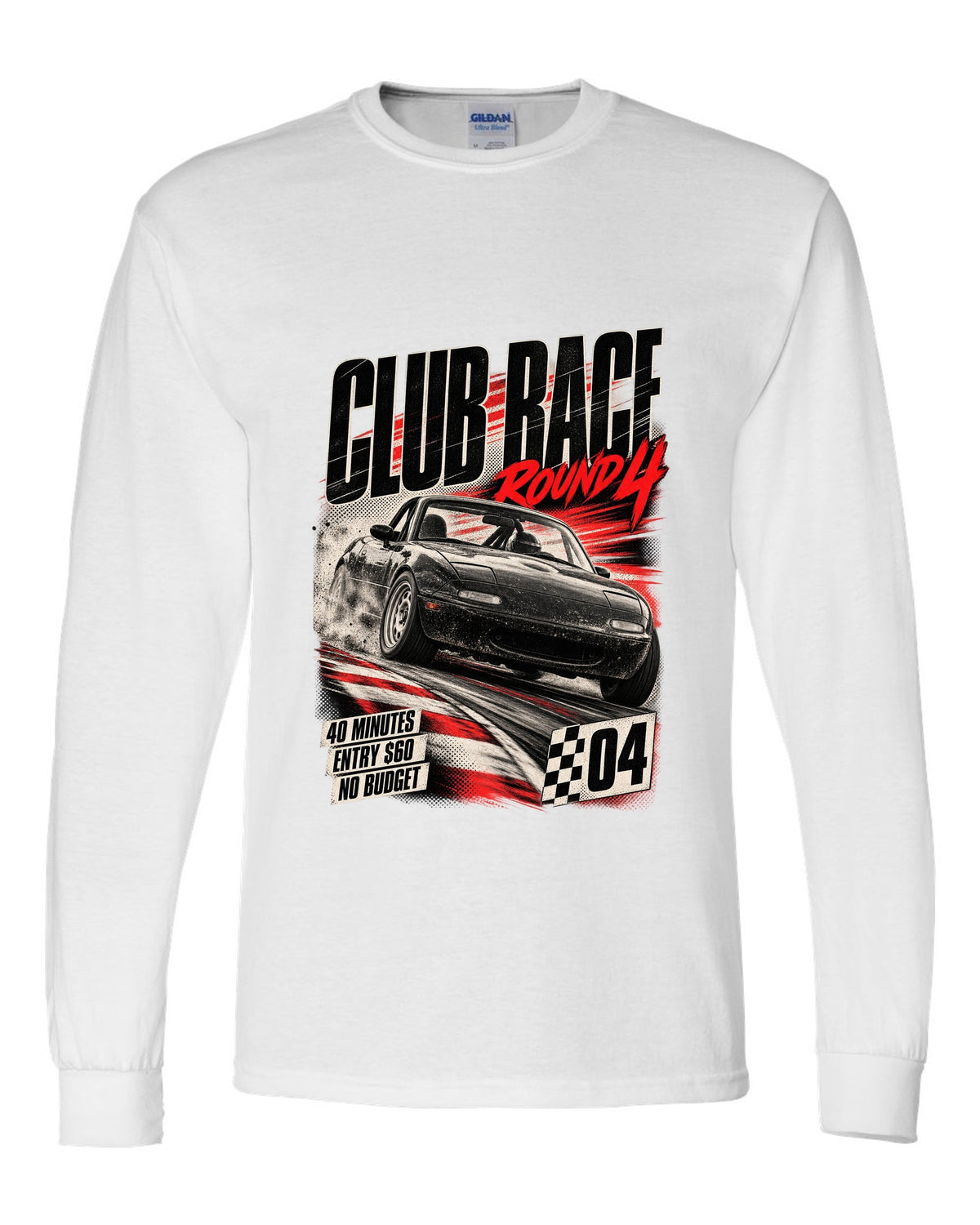 Race poster print for the Mazda MX-5 NA 1989-97 reading club race round 4, 40 minutes, entry $60 white long sleeve front view with the design