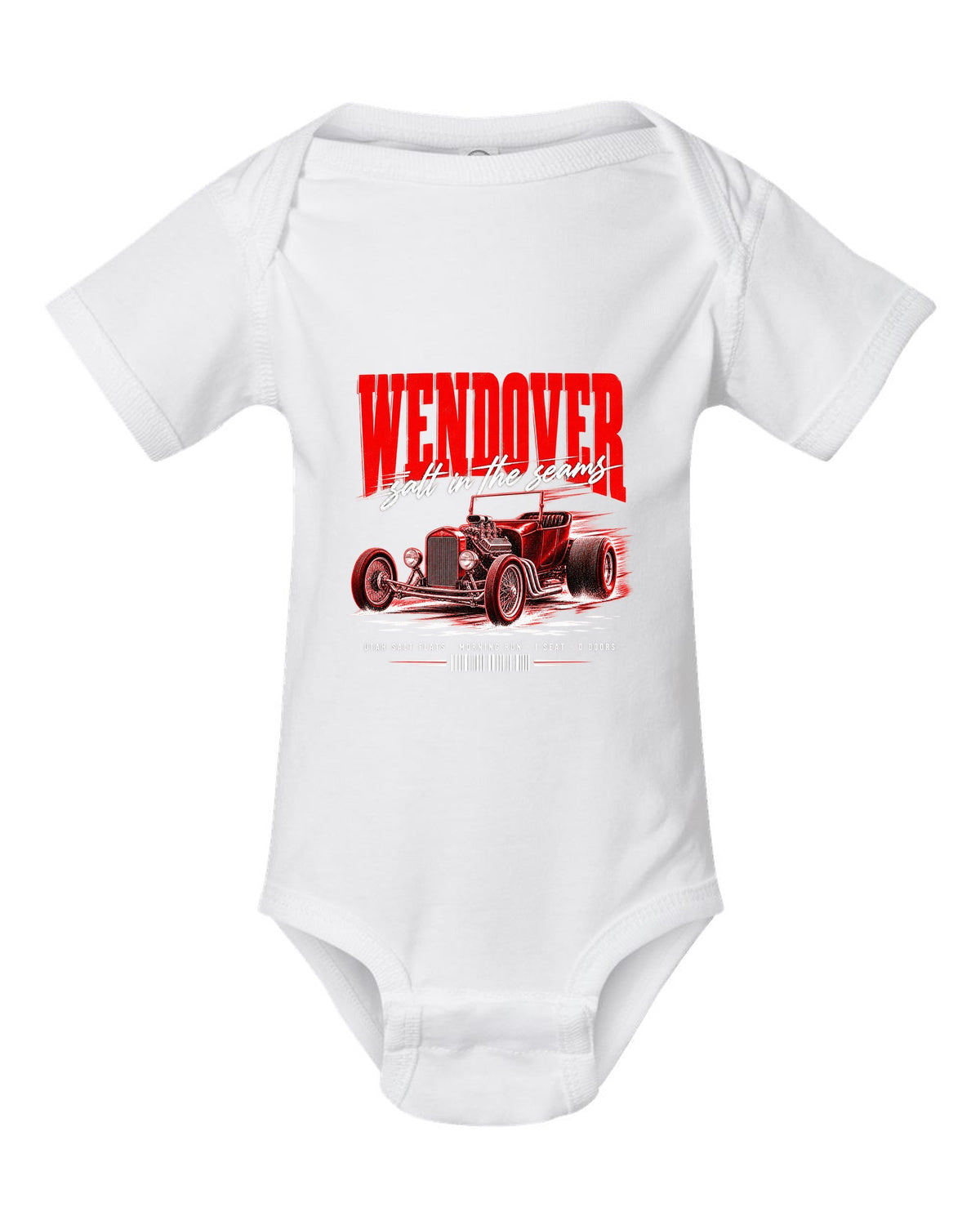 Street poster print of a T-bucket hot rod for Wendover and the Utah Salt Flats white baby onesie front view with the design