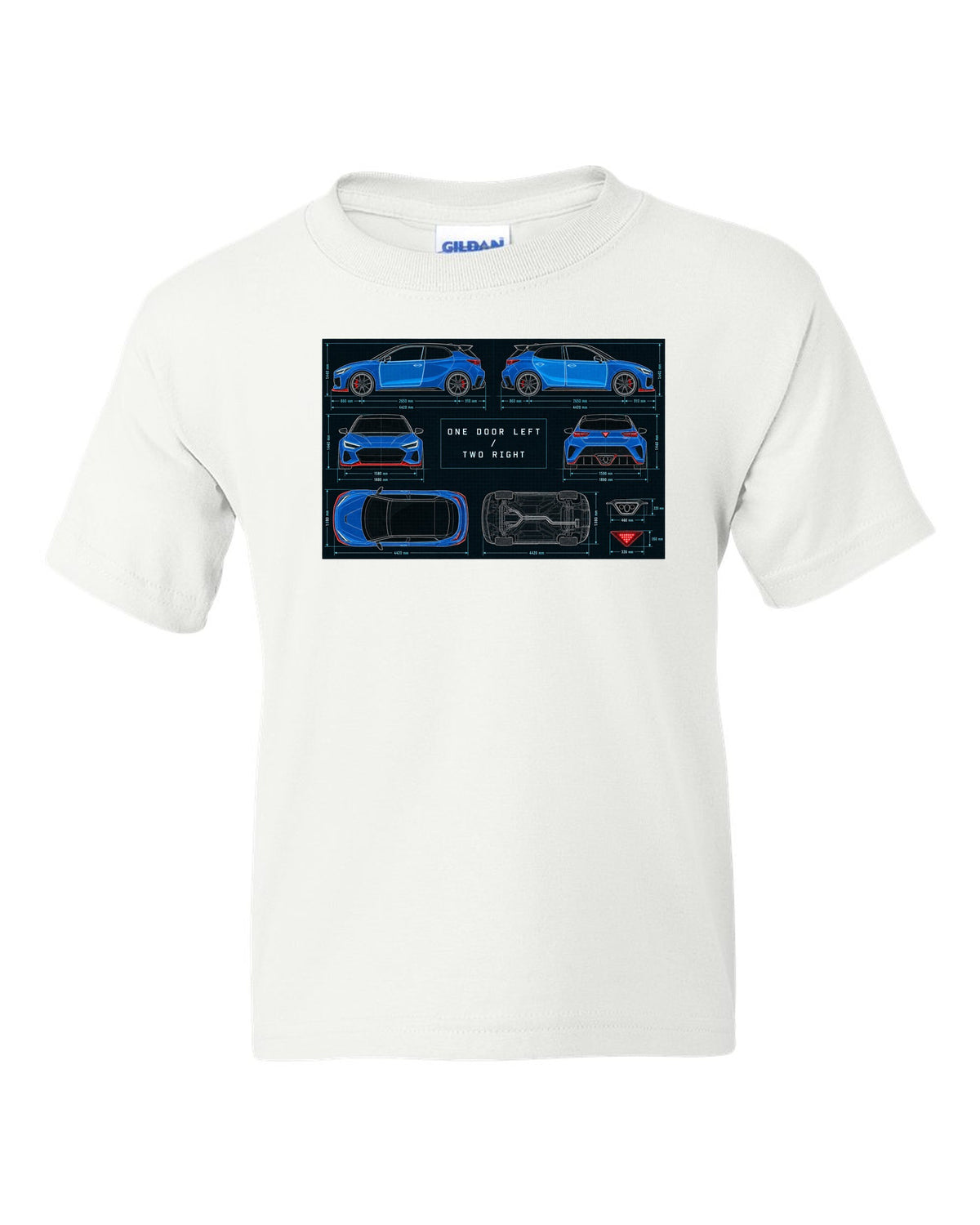 Hyundai Veloster N JS technical blueprint print with one door left and two right white kids tee front view with the design