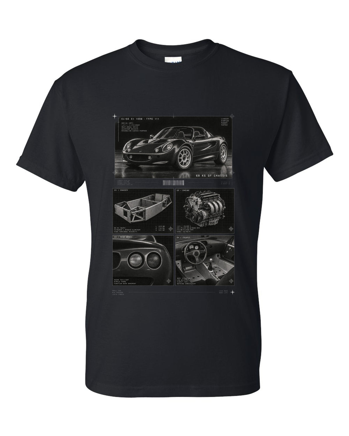 Dossier panel print of a 1996 Lotus Elise S1 Type 111 with 68 kg of chassis text black t-shirt front view with the design