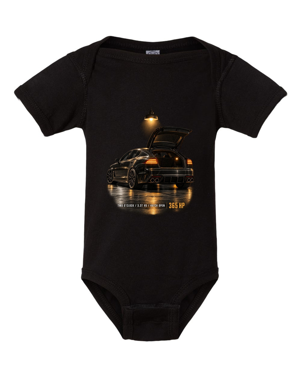 Kia Stinger GT CK garage night print with ch open and 3.3T V6 text black baby onesie front view with the design