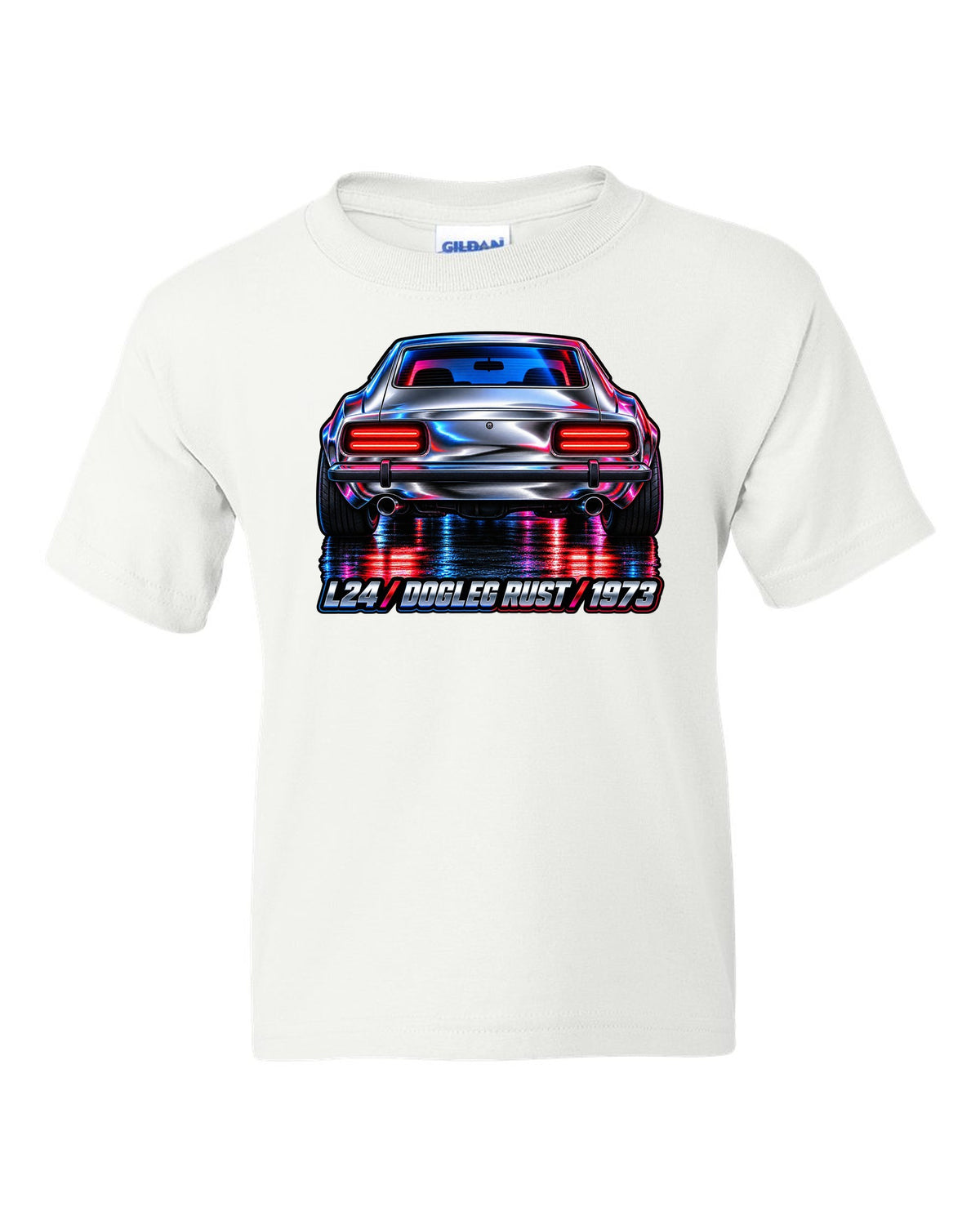 Airbrush chrome close-up of a 1973 Datsun 240Z rear taillights white kids tee front view with the design