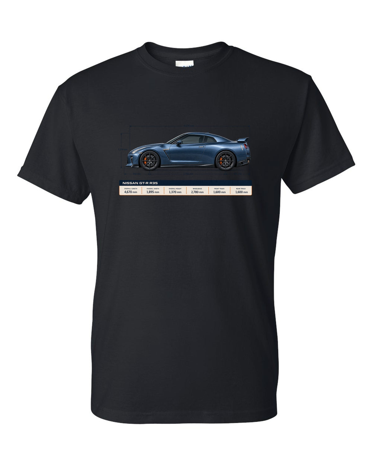 Nissan GT-R R35 Premium in gunmetal grey with an editorial headline layout black t-shirt front view with the design