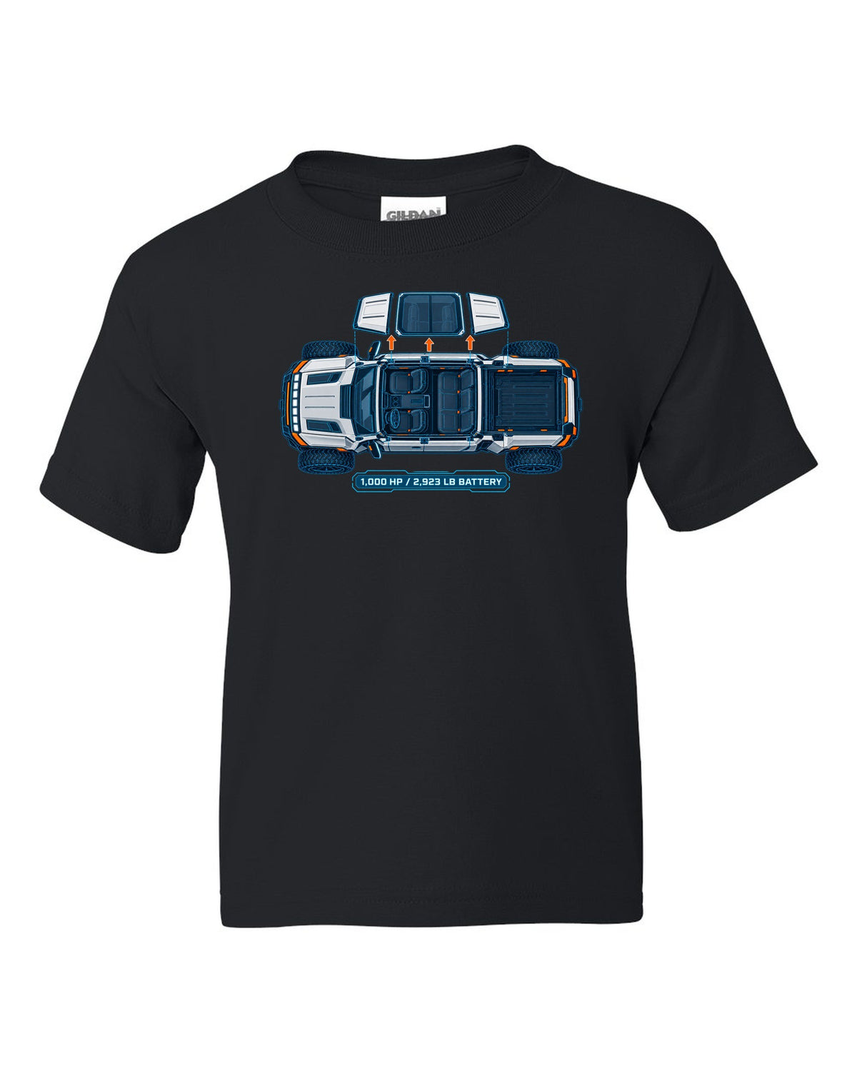 GMC Hummer EV roof panels shown as a white and cyan blueprint with 1,000 HP and battery weight black kids tee front view with the design