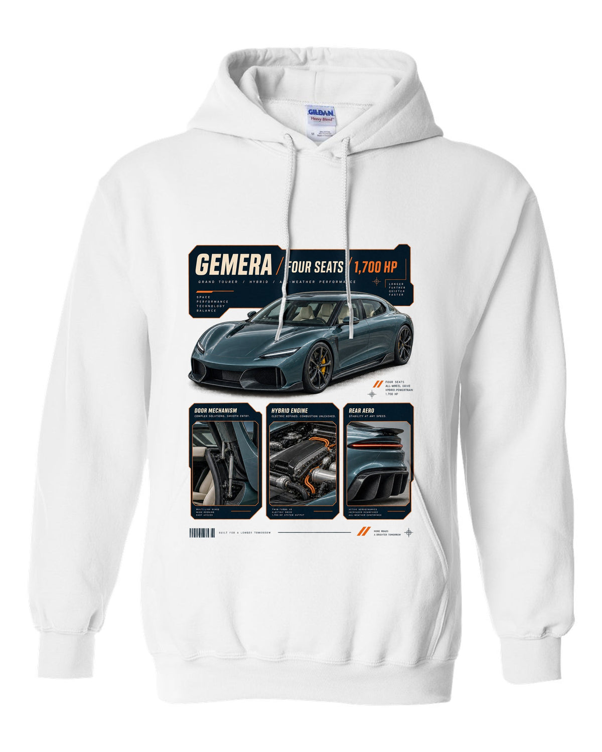 Dossier panel print of the Koenigsegg Gemera with the text Gemera, Mega-GT, four seats, 2020 reveal white pull over hoodie front view with the design