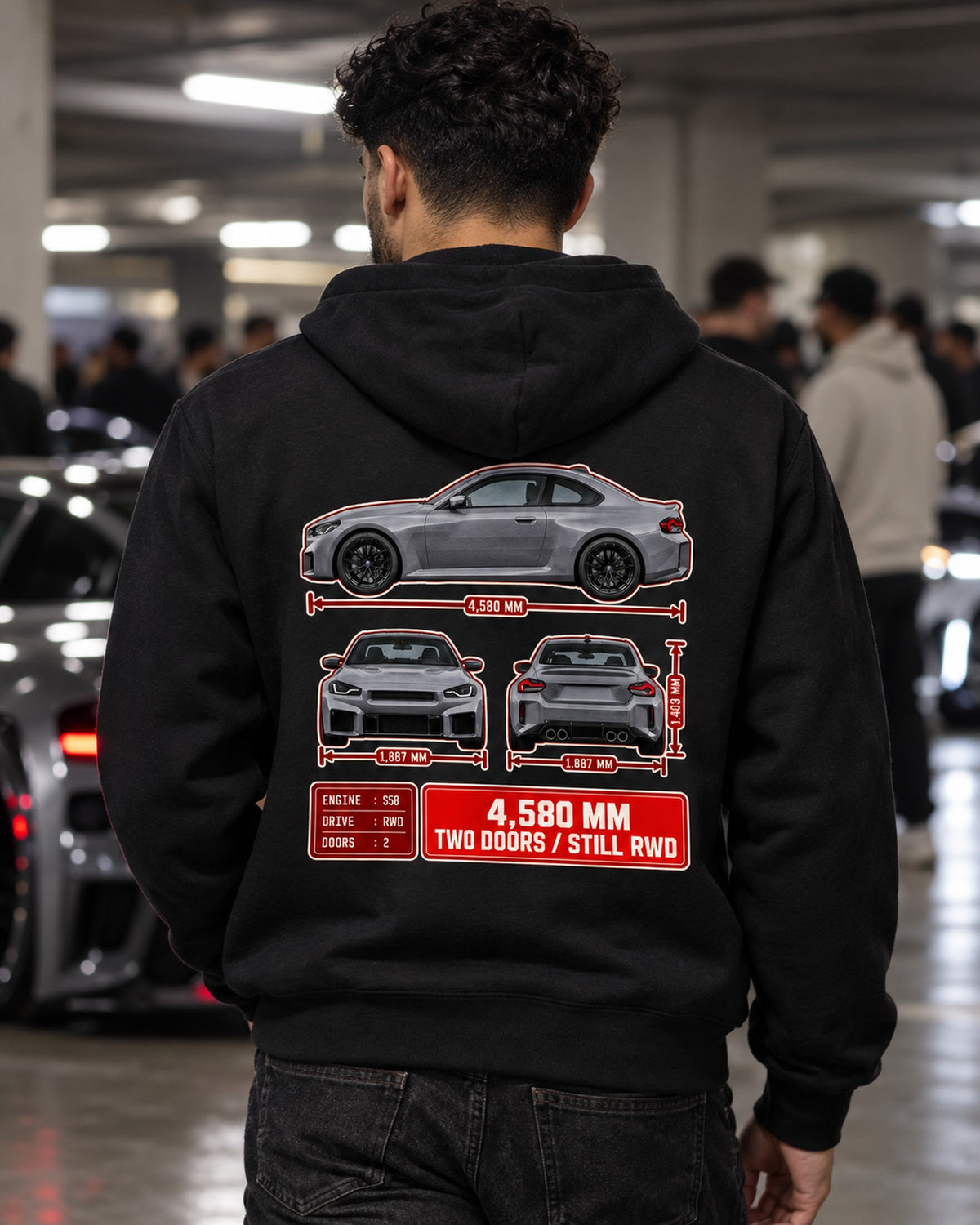 BMW M2 G87 Three-View Spec Tee, 4,580 mm Rear-Drive Car Shirt Zip Hoodie Black worn hero