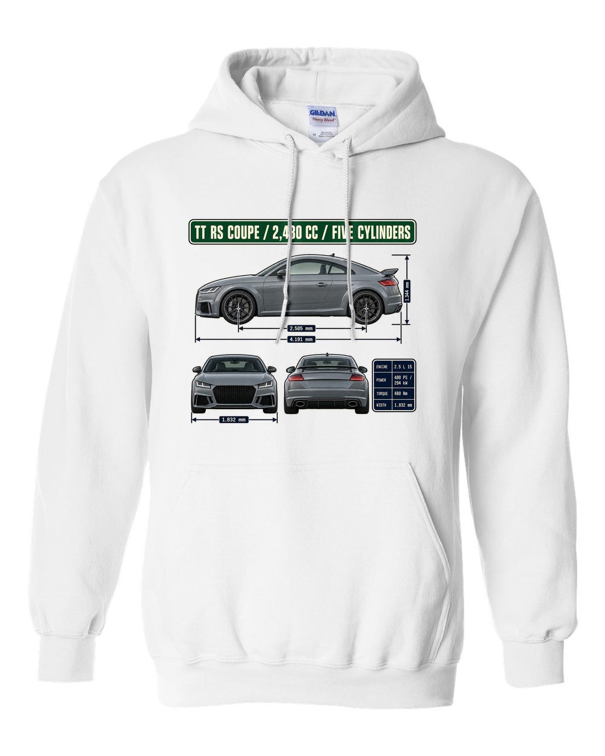 Audi TT RS 8S coupe dimension blueprint print with five-cylinder engine size white pull over hoodie front view with the design