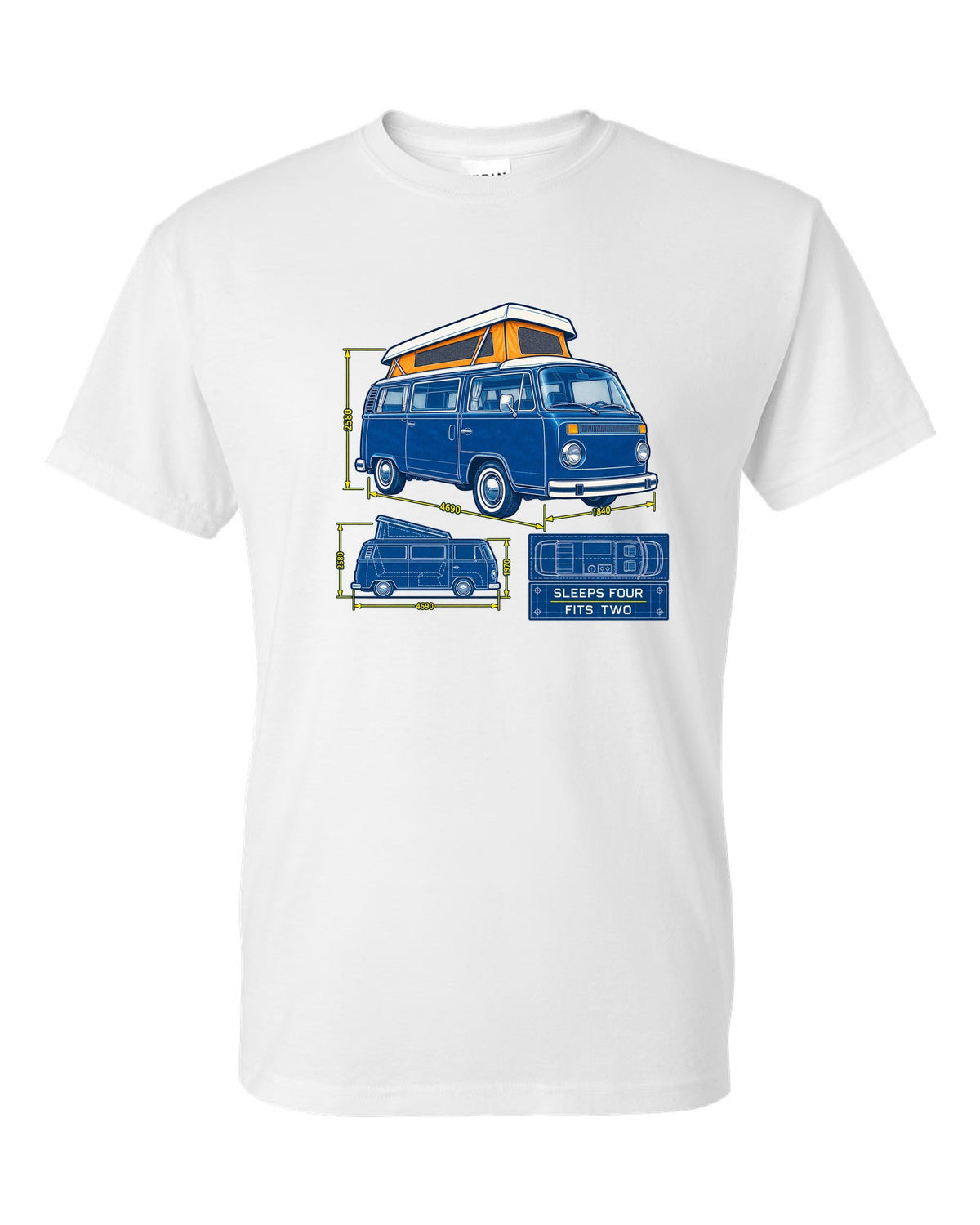 Cyanotype negative blueprint of a VW Bay Window T2 camper with sleeps four fits two text white t-shirt front view with the design