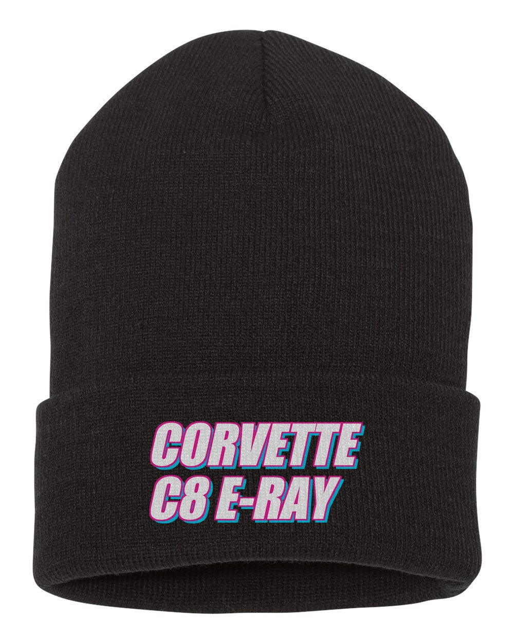 Corvette C8 E-Ray black beanie front view with car name