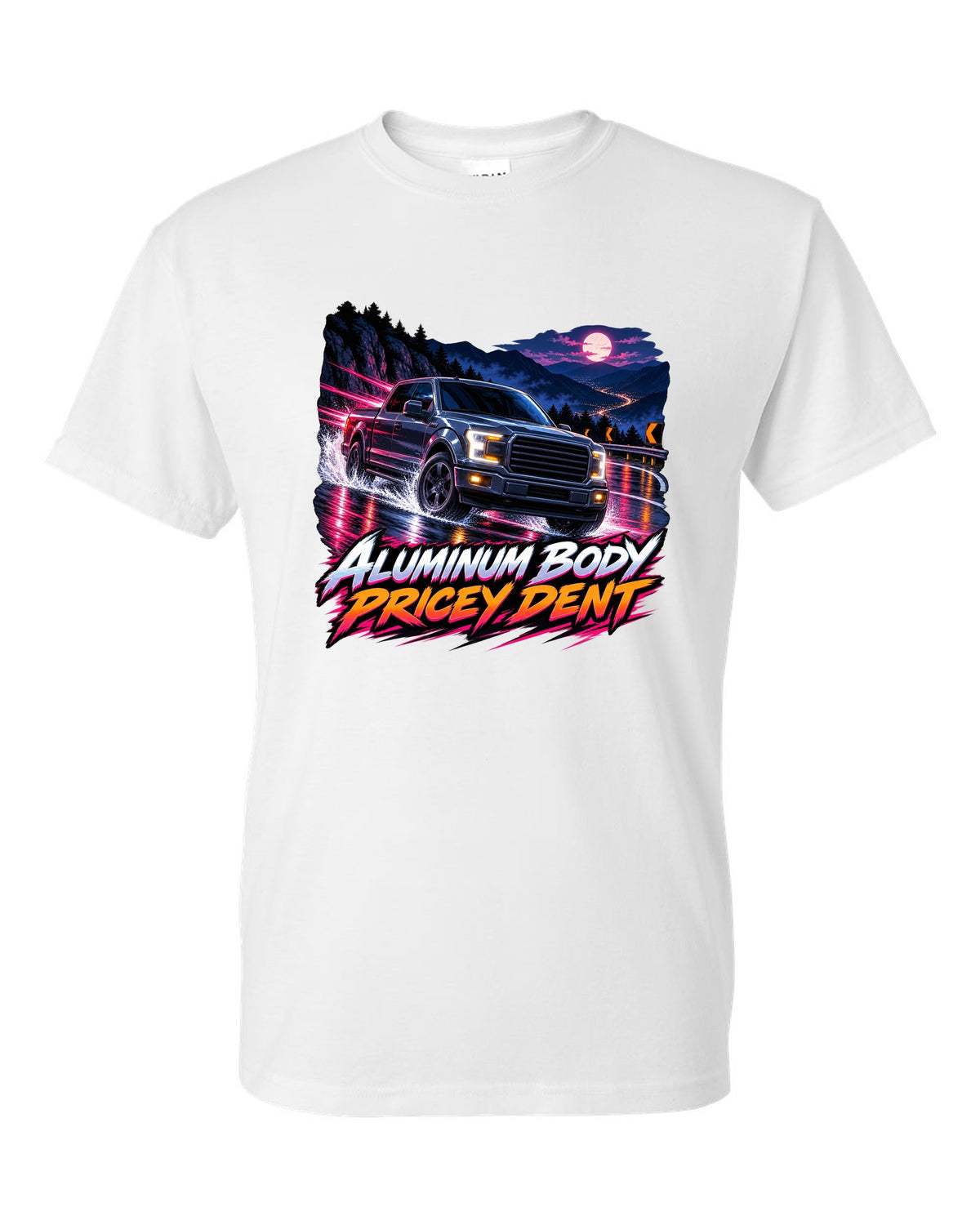 Cel-shaded anime night mountain pass print of a 2015-20 Ford F-150 P552 truck white t-shirt front view with the design