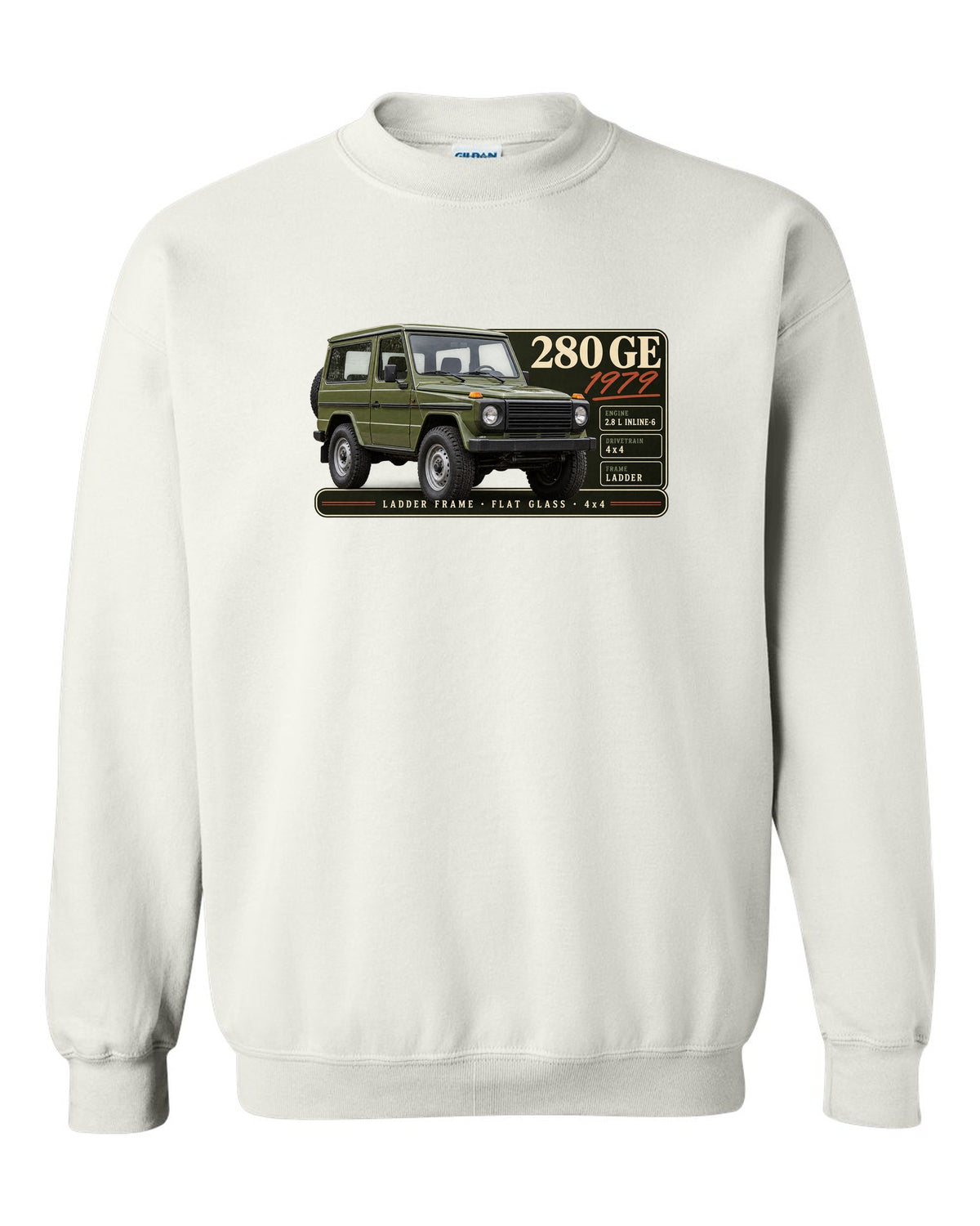 Archive panel print of a 1979 Mercedes 280 GE W460 with ladder frame, flat glass and 4x4 lettering white crewneck front view with the design