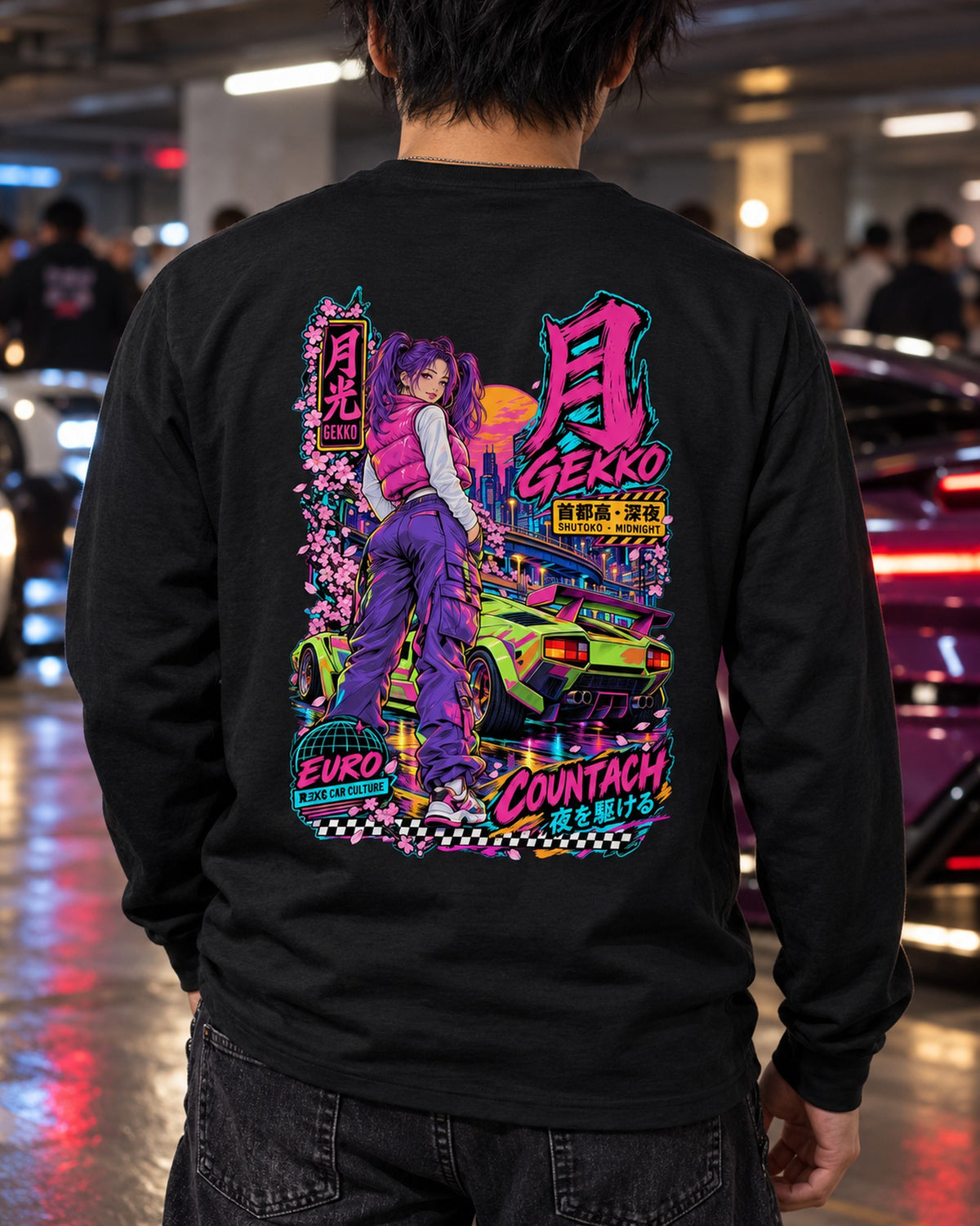 GEKKO COUNTACH Anime Girl Full-Back Graphic Tee Long Sleeve Black worn hero