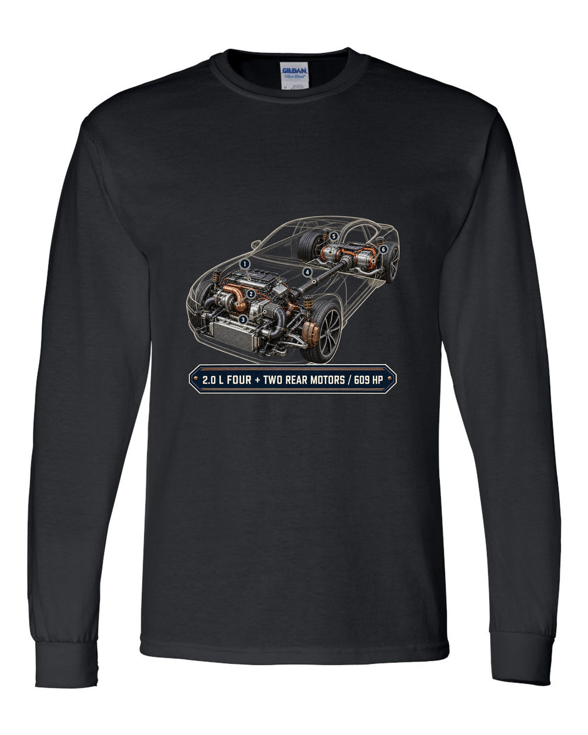 Polestar 1 hybrid drivetrain illustration, engine hero print black long sleeve front view with the design
