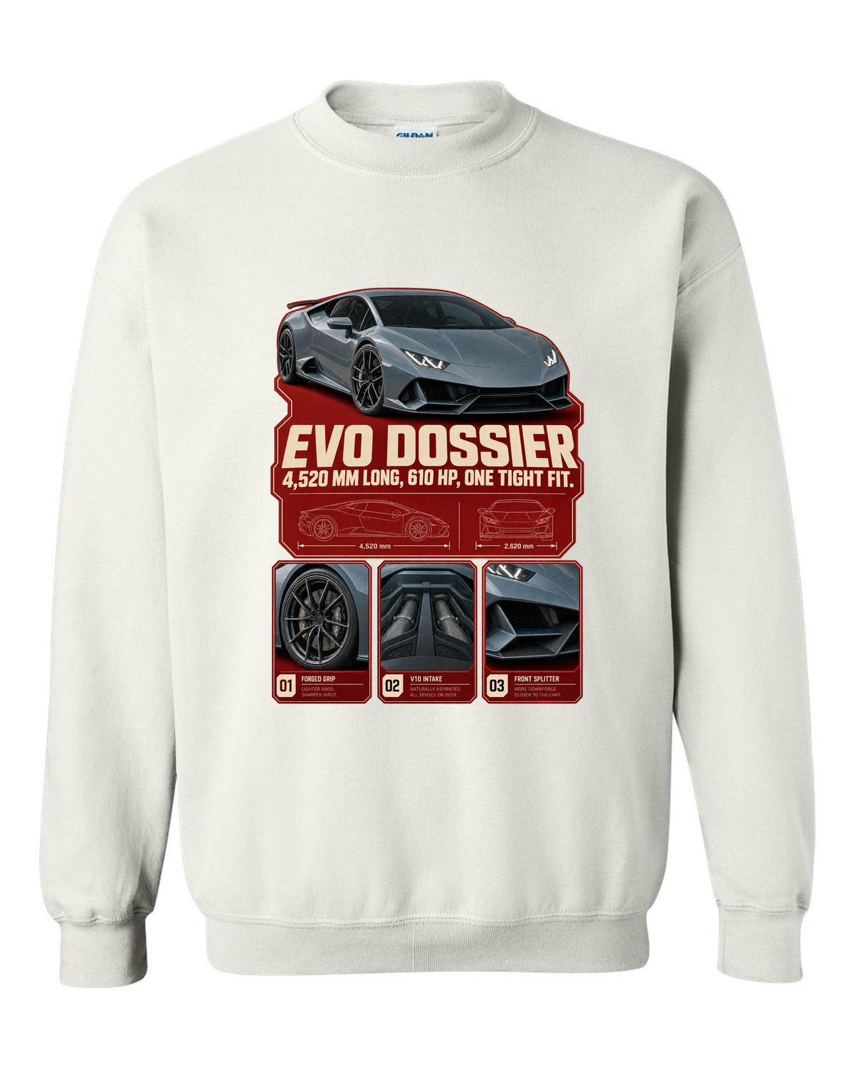 Dossier panel print of the Lamborghini Huracan EVO white crewneck front view with the design