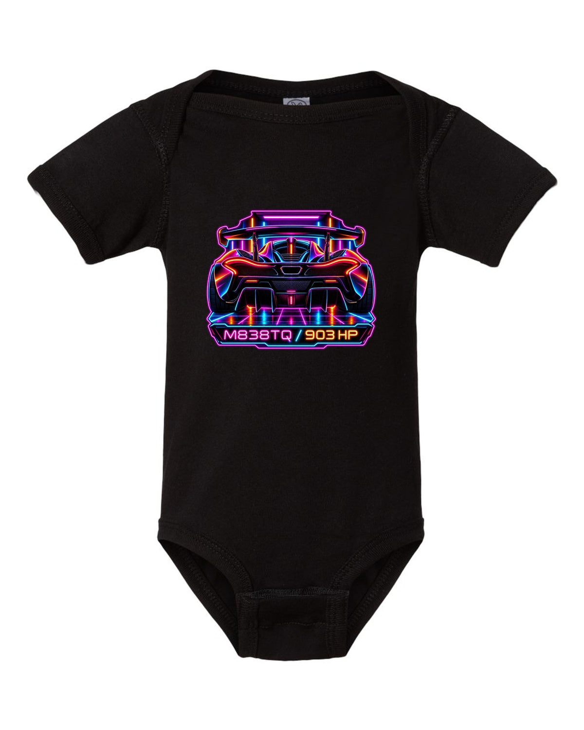 Synthwave neon print of the McLaren P1 with M838TQ and 903 HP lettering black baby onesie front view with the design