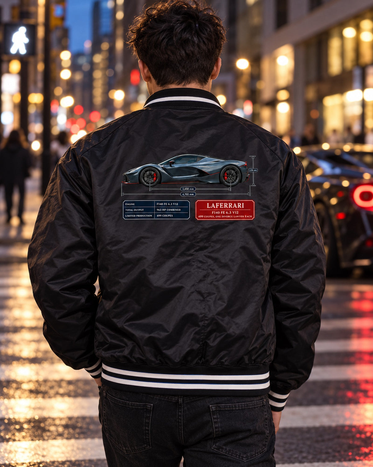 Ferrari LaFerrari F140 FE V12 Dimension Blueprint Shirt Bomber Jacket Black worn hero