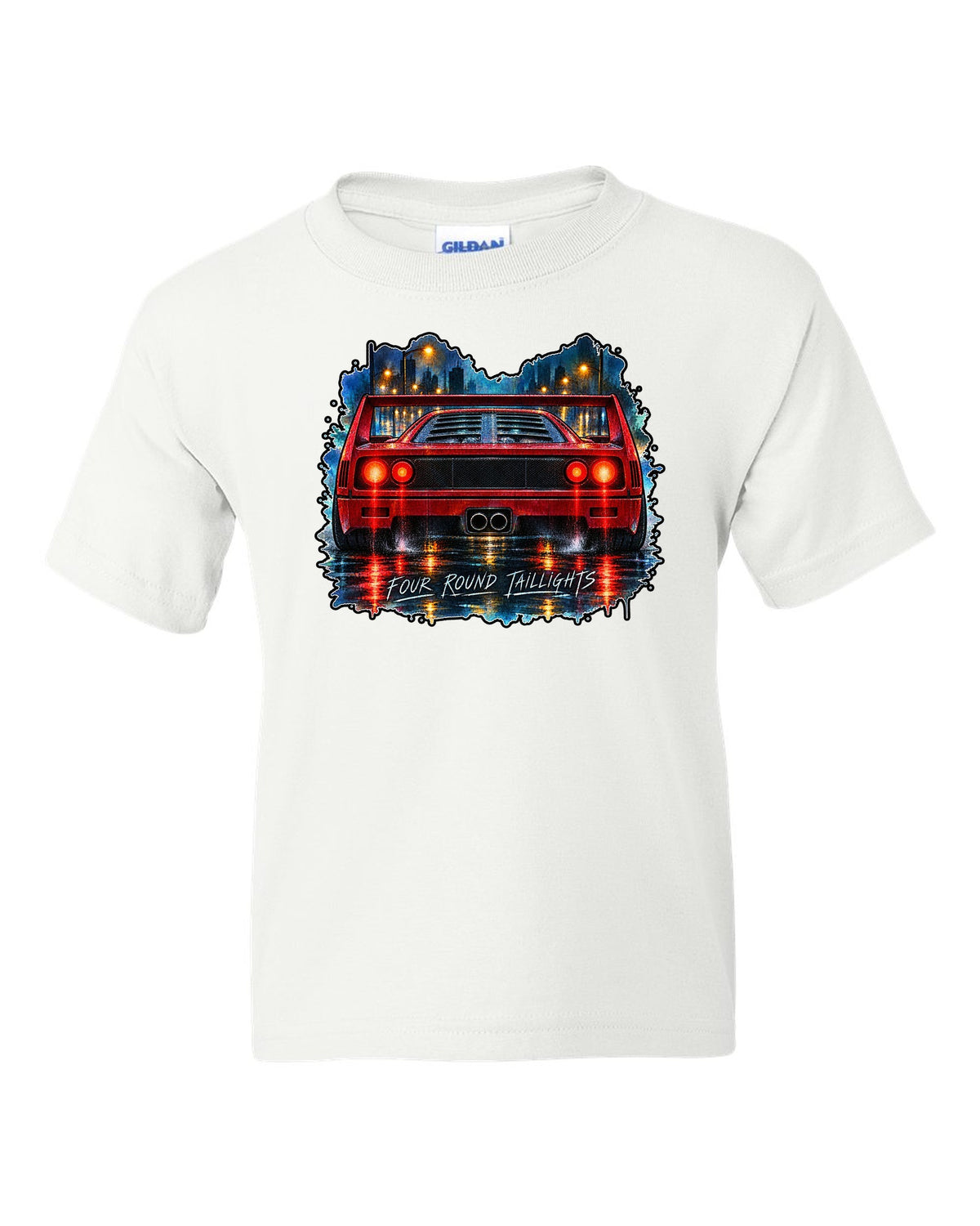 Watercolour wet-road night print of the rear of a 1987 Ferrari F40 F120 with four round taillights text white kids tee front view with the design