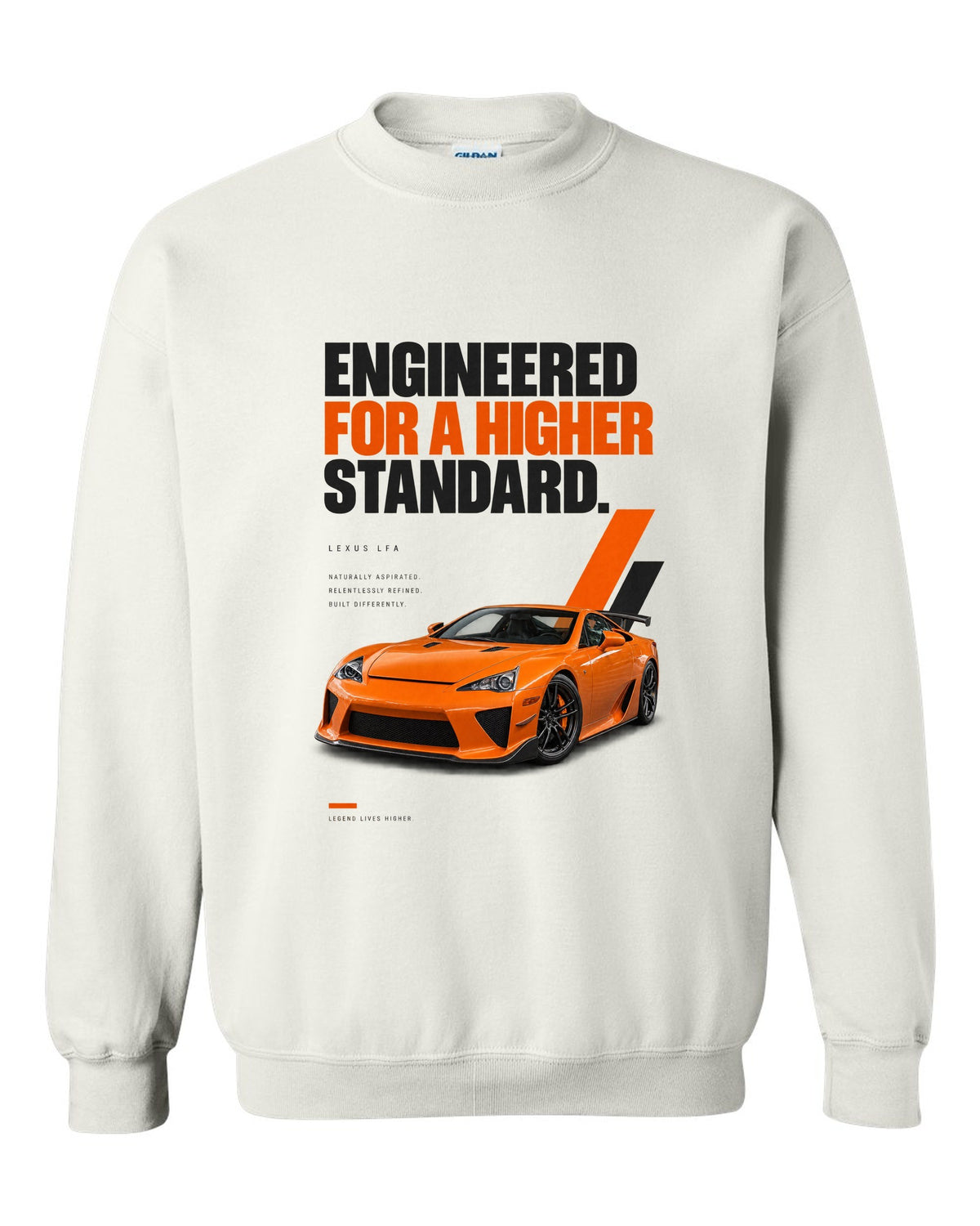 Magazine headline layout featuring the Lexus LFA and its digital tachometer white crewneck front view with the design