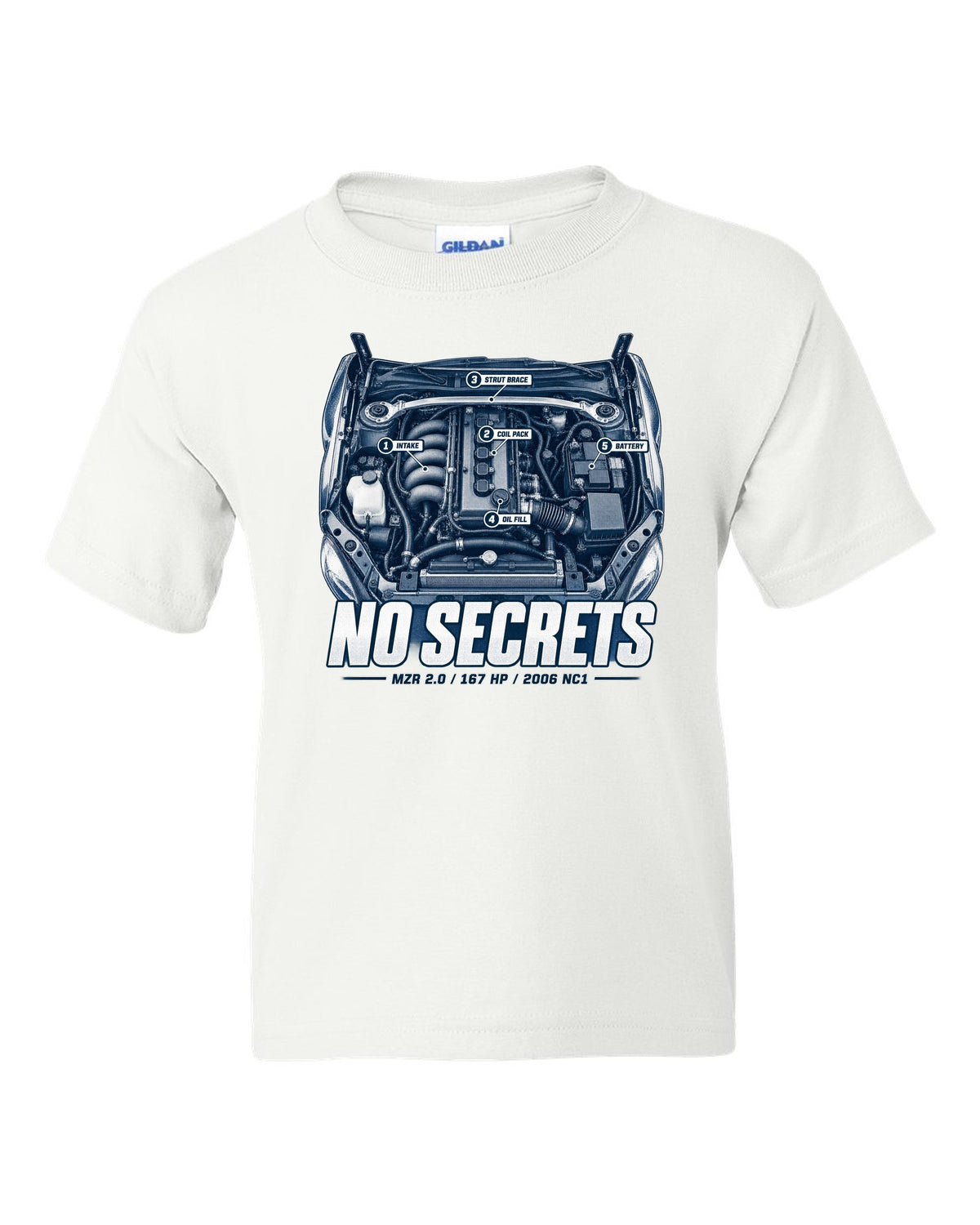 Engine hero print for the 2006 Mazda MX-5 NC1 with MZR 2.0 and 167 HP lettering white kids tee front view with the design