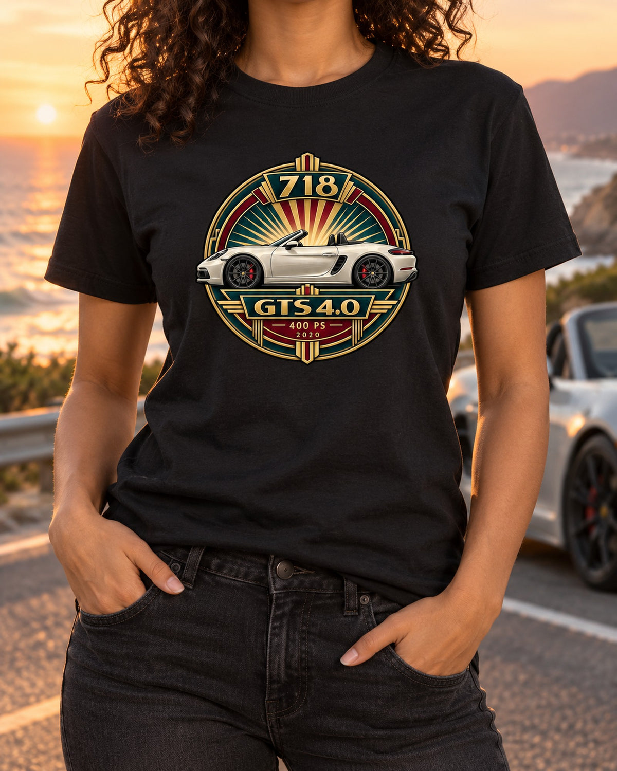 Art Deco Porsche 718 Boxster GTS 4.0 Poster Crest Shirt T-Shirt Black worn hero