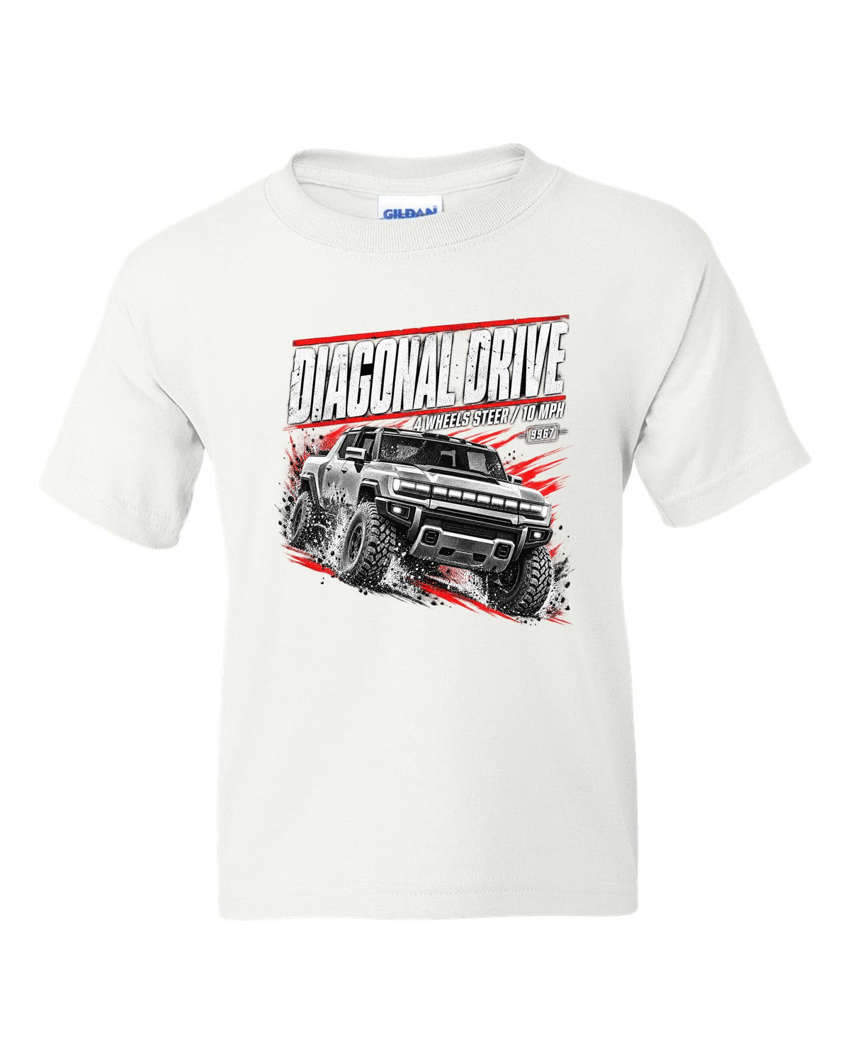 GMC Hummer EV pickup moving diagonally in a race poster design white kids tee front view with the design