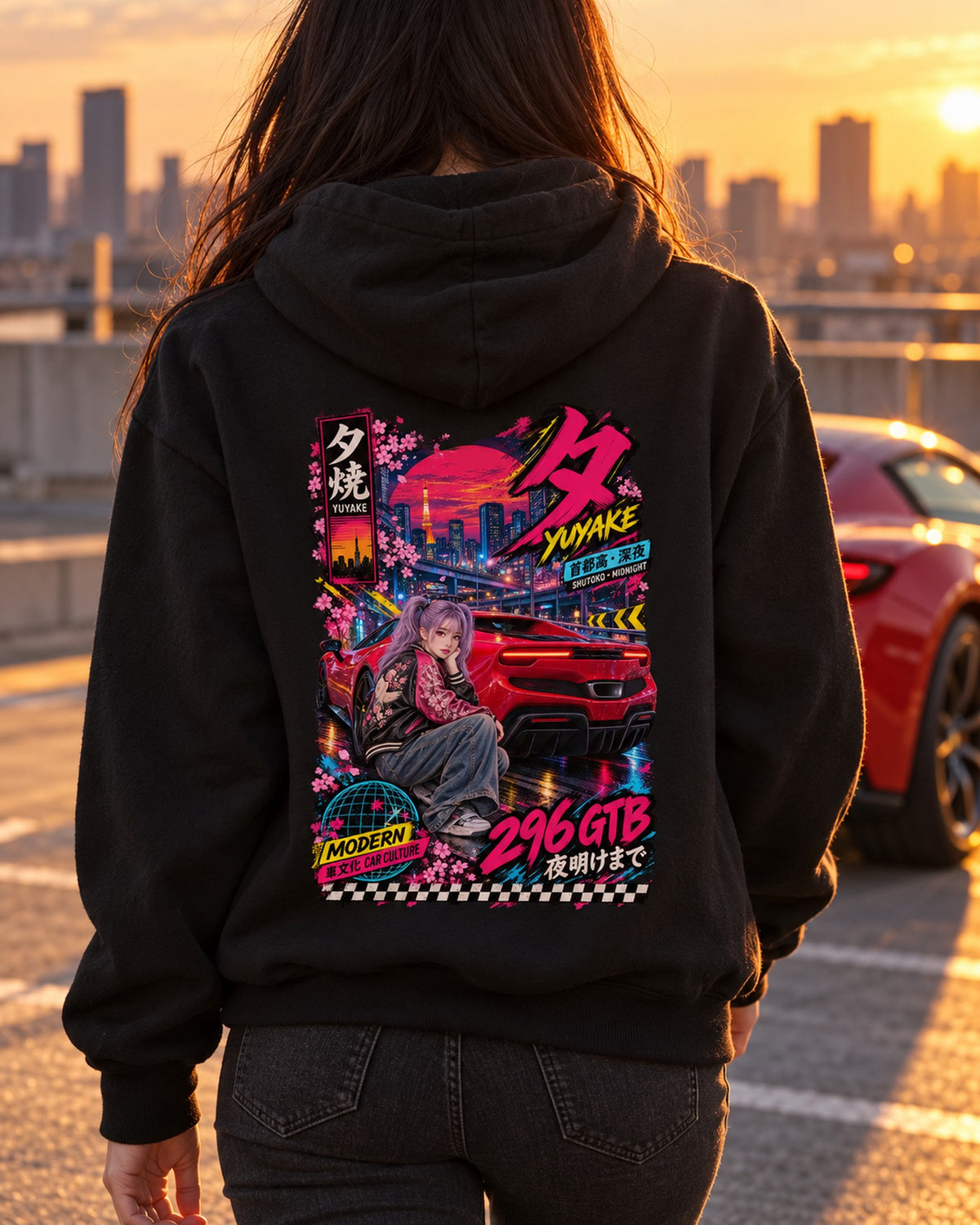YUYAKE 296 GTB Anime Girl Full-Back Graphic Tee Pull Over Hoodie Black worn hero