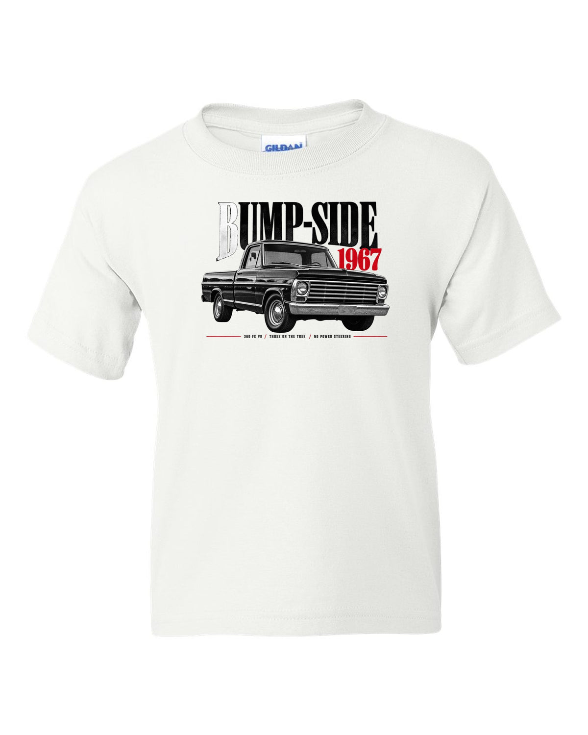 Ford F-Series Bump-Side 1967 360 FE V8 Editorial Graphic Tee white kids tee front view with the design