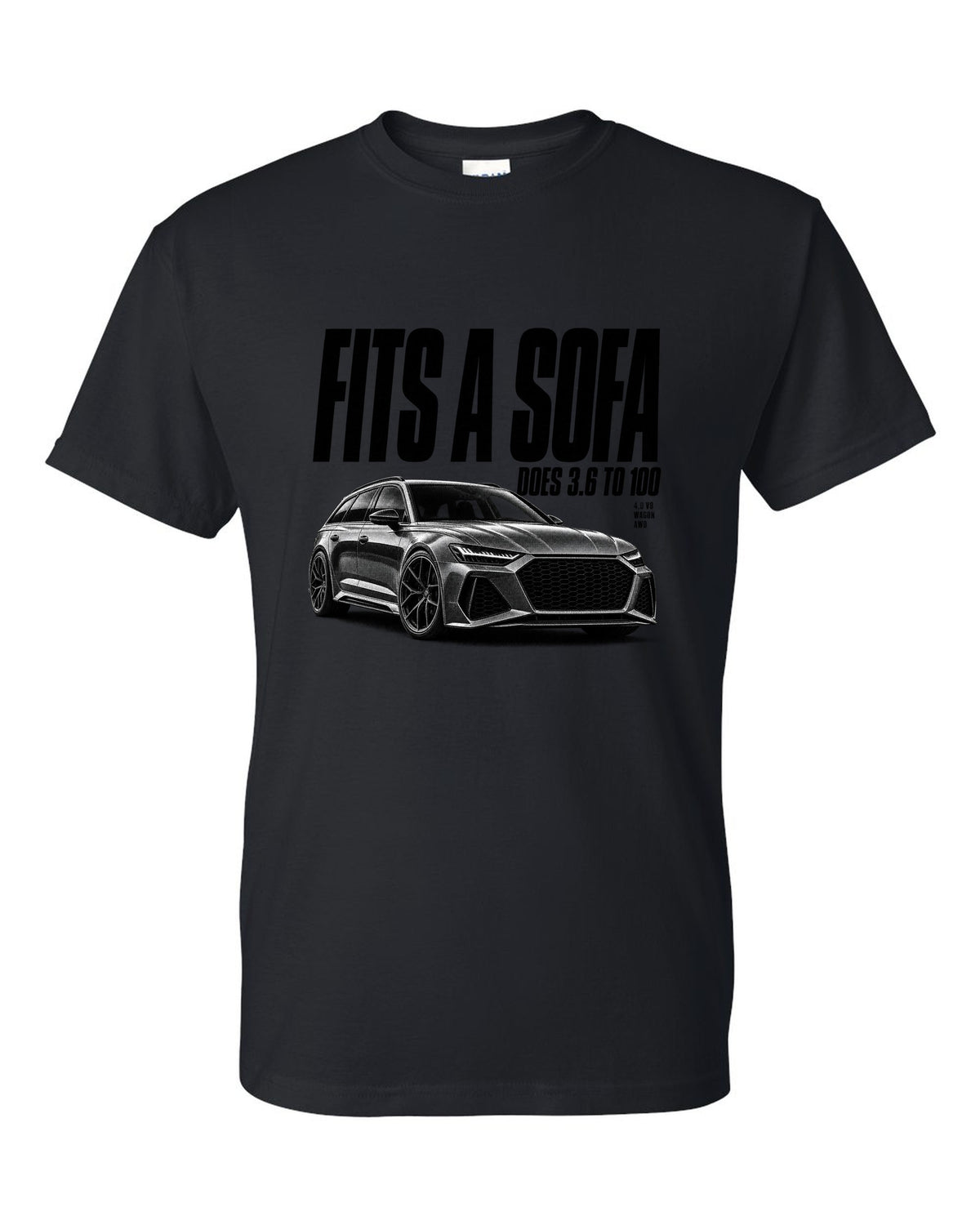 Halftone print of an Audi RS6 Avant C8 front three-quarter with Fits A Sofa caption black t-shirt front view with the design