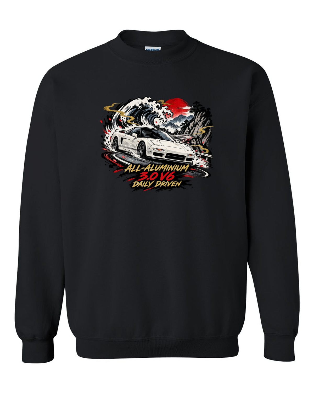 Sumi-e ink wave style print of a Honda NSX NA1 with all-aluminium 3.0 V6 daily driven text black crewneck front view with the design