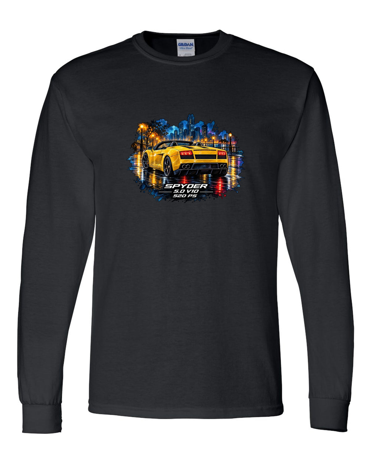 Watercolour wet-road night scene of a Lamborghini Gallardo Spyder with V10 and 520 PS text black long sleeve front view with the design