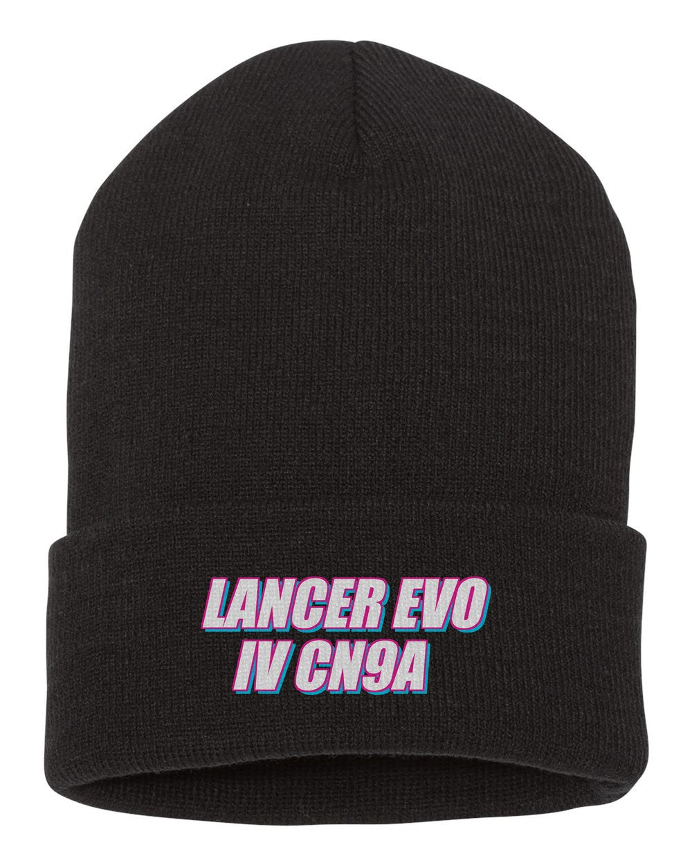 Lancer Evo Iv Cn9A black beanie front view with car name