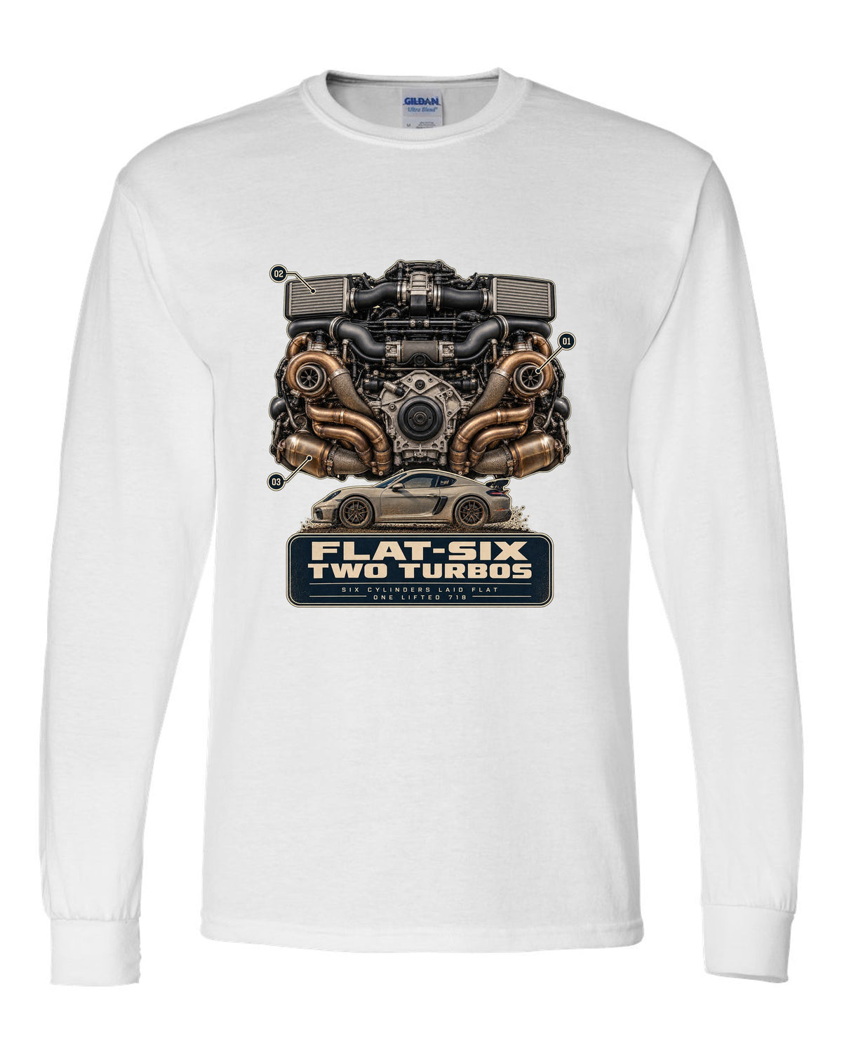 Engine hero print of a Porsche 911 Dakar 992 flat-six with two turbos white long sleeve front view with the design