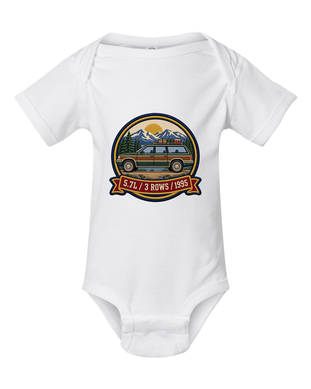 Varsity round crest print for a 1992-1999 Chevrolet Suburban GMT400 with 5.7L, 3 Rows, 1995 text white baby onesie front view with the design