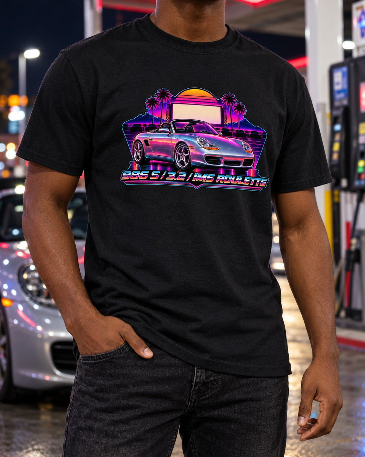 Porsche 986 Boxster S Synthwave Drive-In Shirt, IMS Roulette T-Shirt Black worn hero