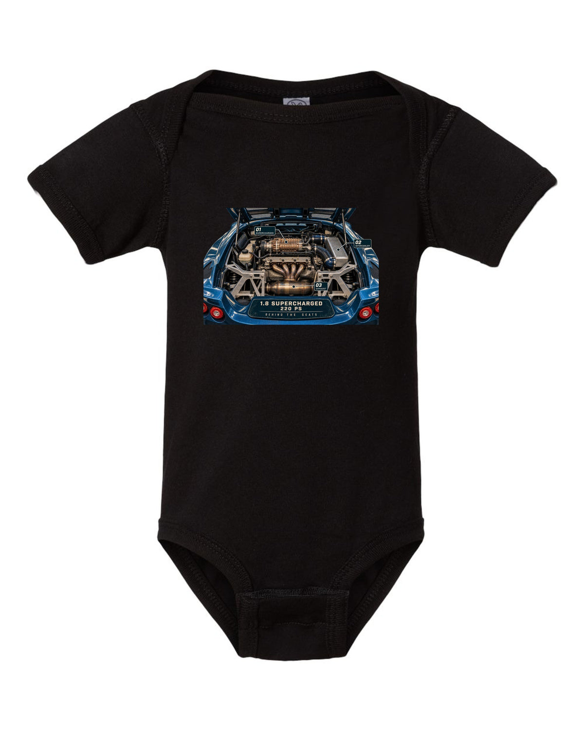 Lotus Exige S 2004 to 2011 supercharged four engine bay print with 1.8 supercharged 220 PS text black baby onesie front view with the design