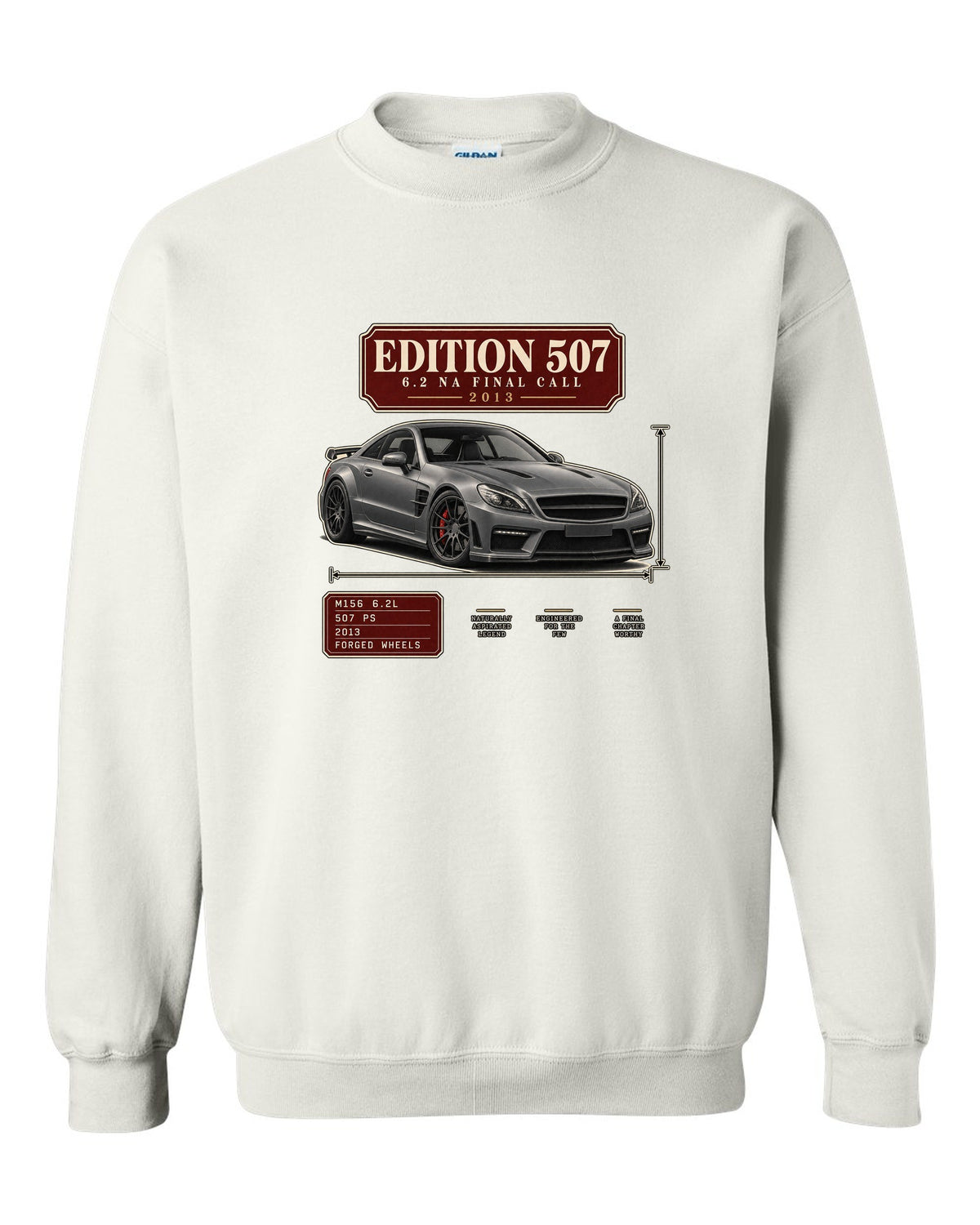 Archive panel print of a matte grey Mercedes-AMG C63 Edition 507 C204 white crewneck front view with the design