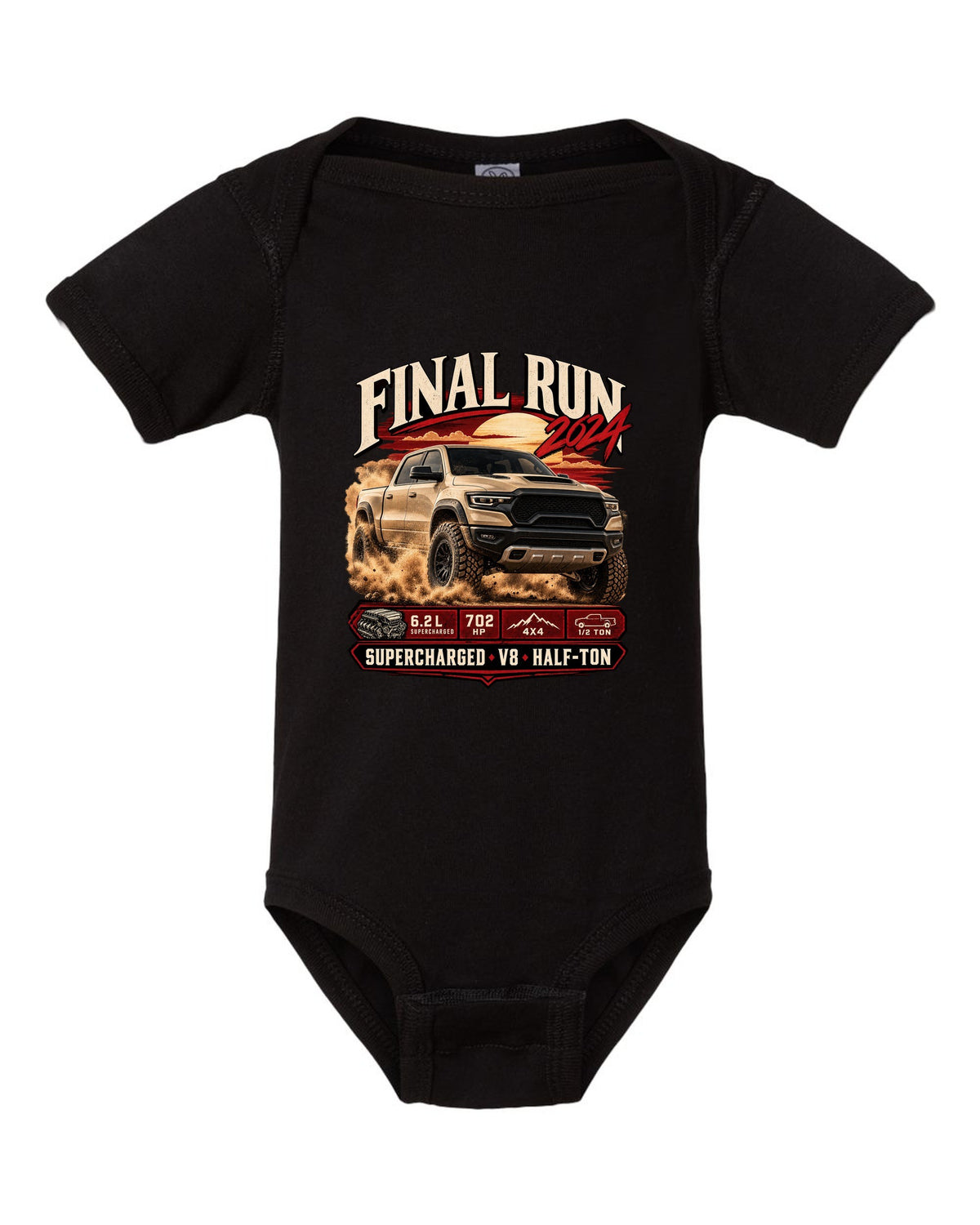Archive panel print of a 2024 Ram 1500 TRX Final Edition with final run and supercharged V8 text black baby onesie front view with the design