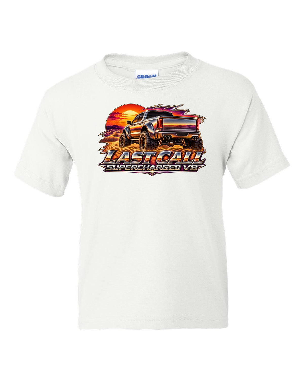 80s chrome airbrush print of a 2024 Ram 1500 TRX Final Edition on a dune with last call supercharged V8 text white kids tee front view with the design