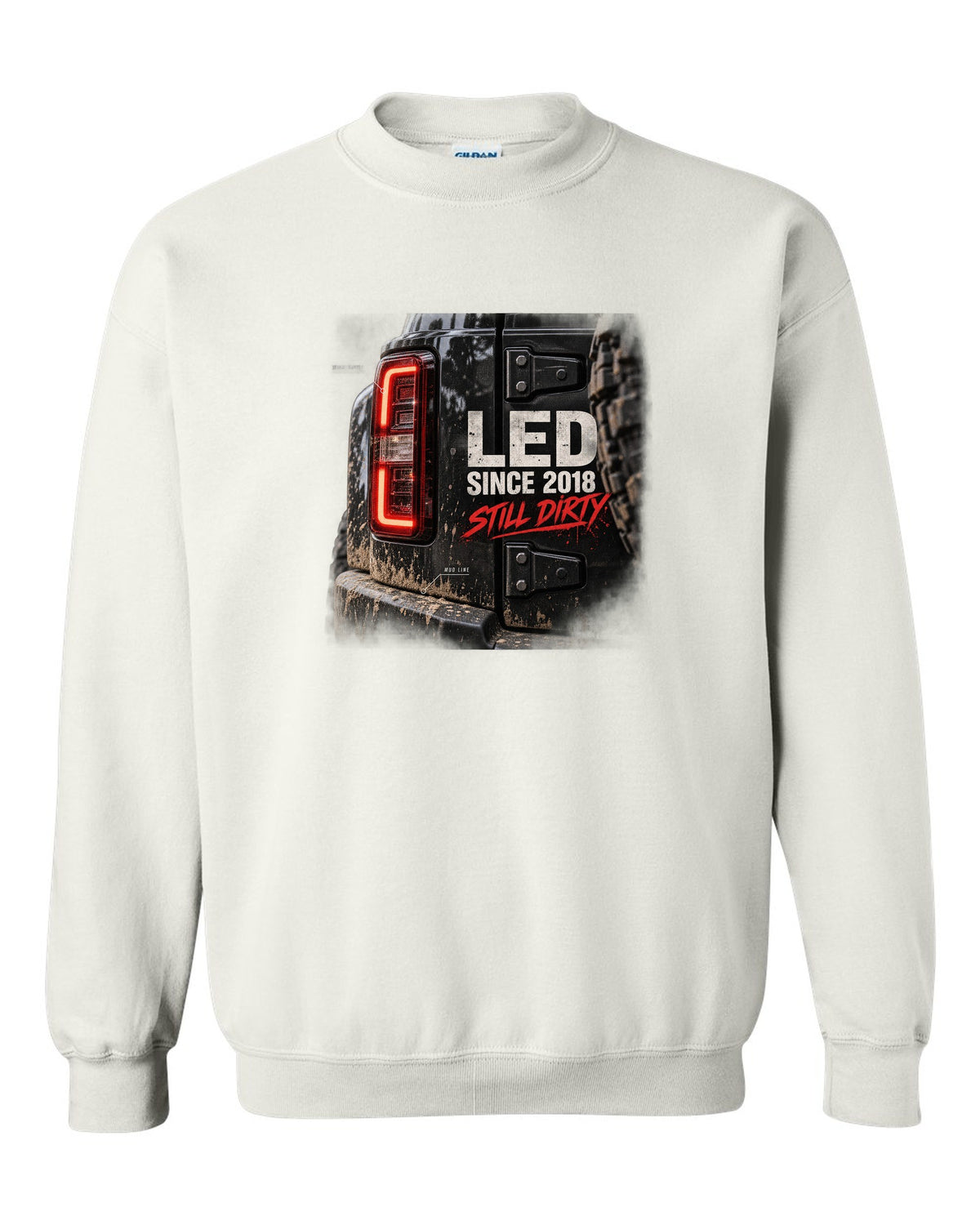 Jeep Wrangler JL LED taillight macro with mud line print white crewneck front view with the design