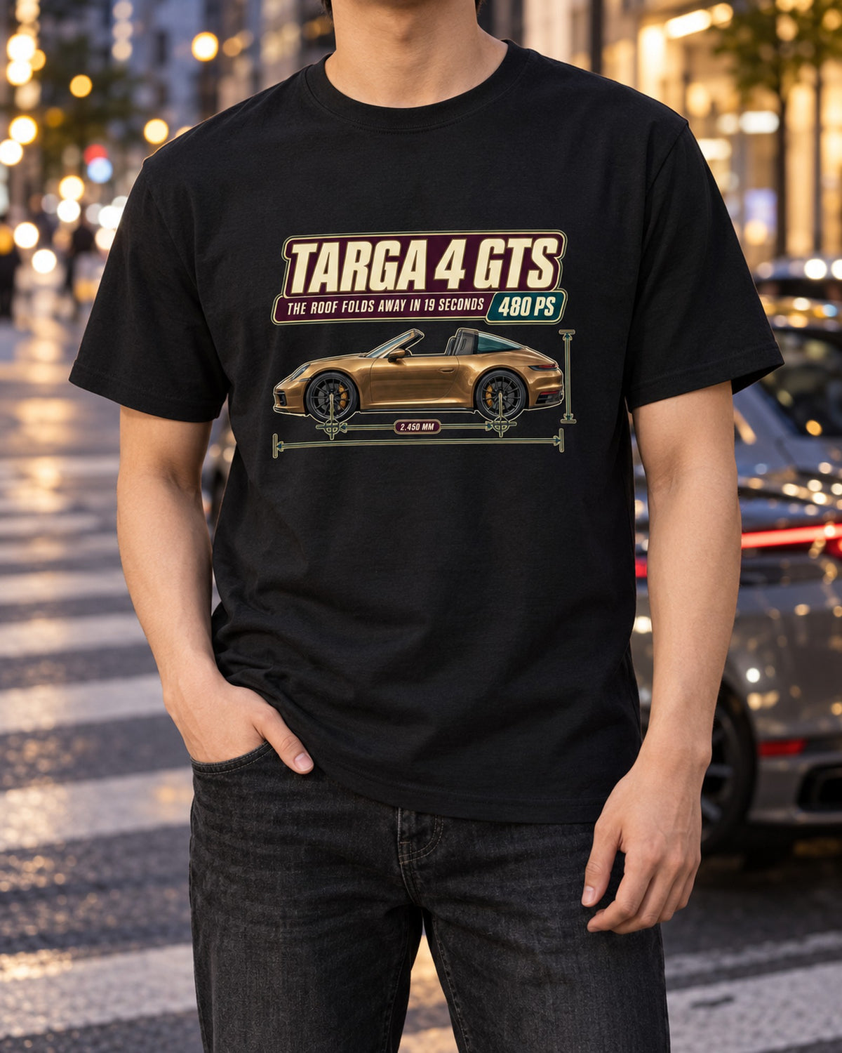 Porsche 911 Targa 4 GTS 992 Editorial print Shirt T-Shirt Black worn hero