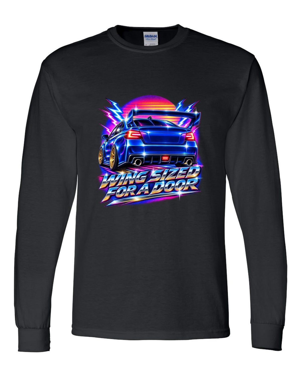 Subaru WRX STI VAB rear in 80s airbrush chrome, WING SIZED / FOR A DOOR black long sleeve front view with the design
