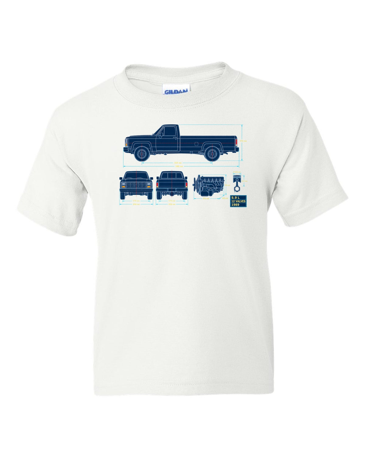 Blueprint line art print of a 1989-1993 Dodge Ram D250 Cummins with 5.9 L and 12 valves white kids tee front view with the design