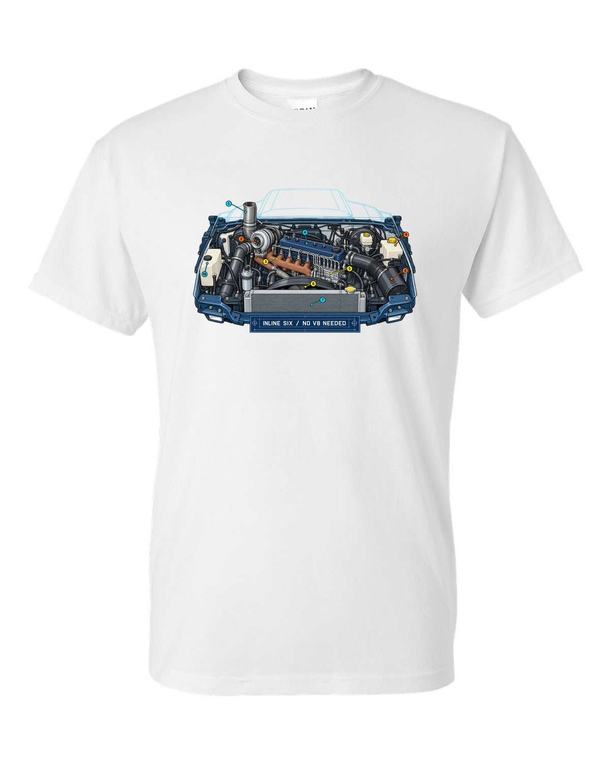 Blueprint-style print of a 1994-1998 Dodge Ram 2nd gen 5.9 inline-six diesel engine bay white t-shirt front view with the design