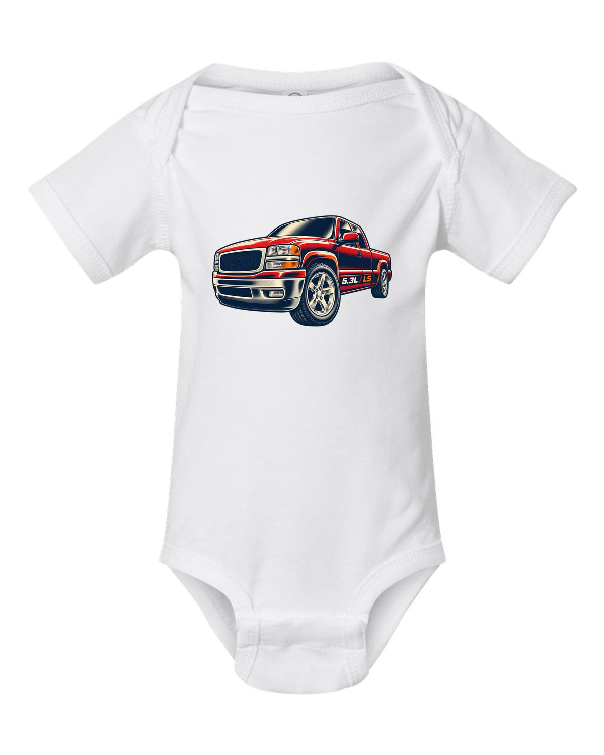 Retro screen-print wheel close-up print for a 1999-2006 Chevrolet Silverado GMT800 with 5.3L LS text white baby onesie front view with the design
