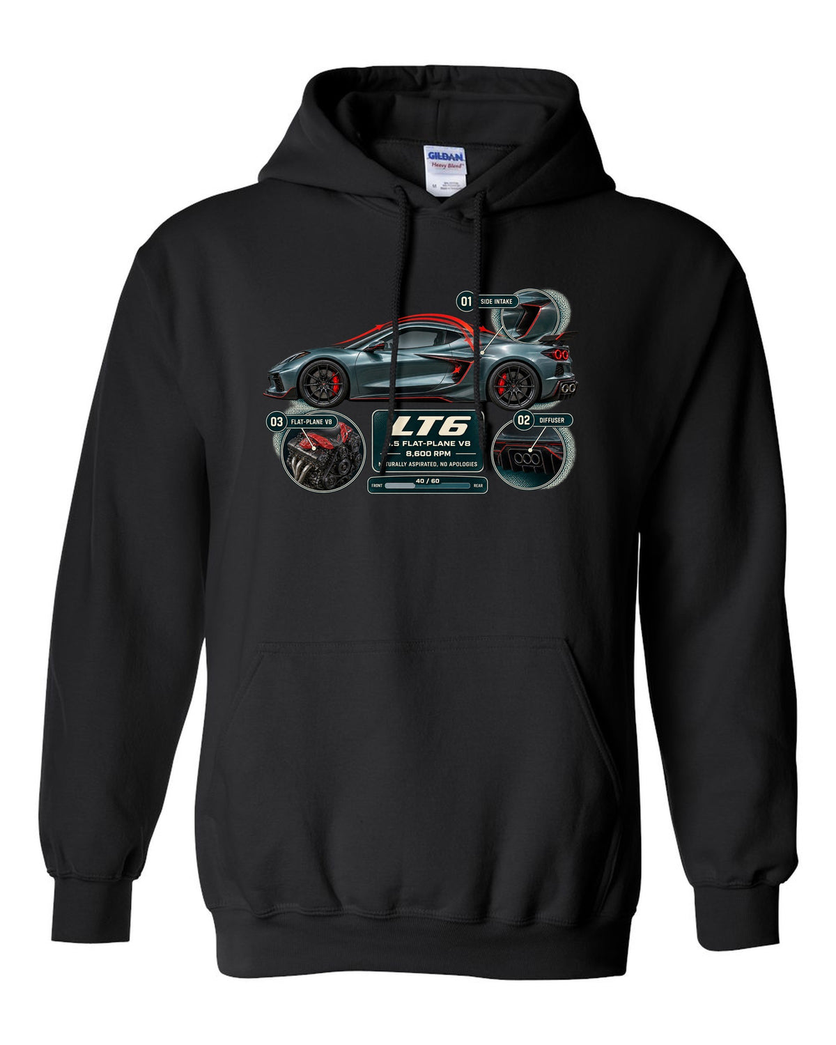 print aero cutaway callouts of a Chevrolet Corvette C8 Z06 in teal-grey black pull over hoodie front view with the design