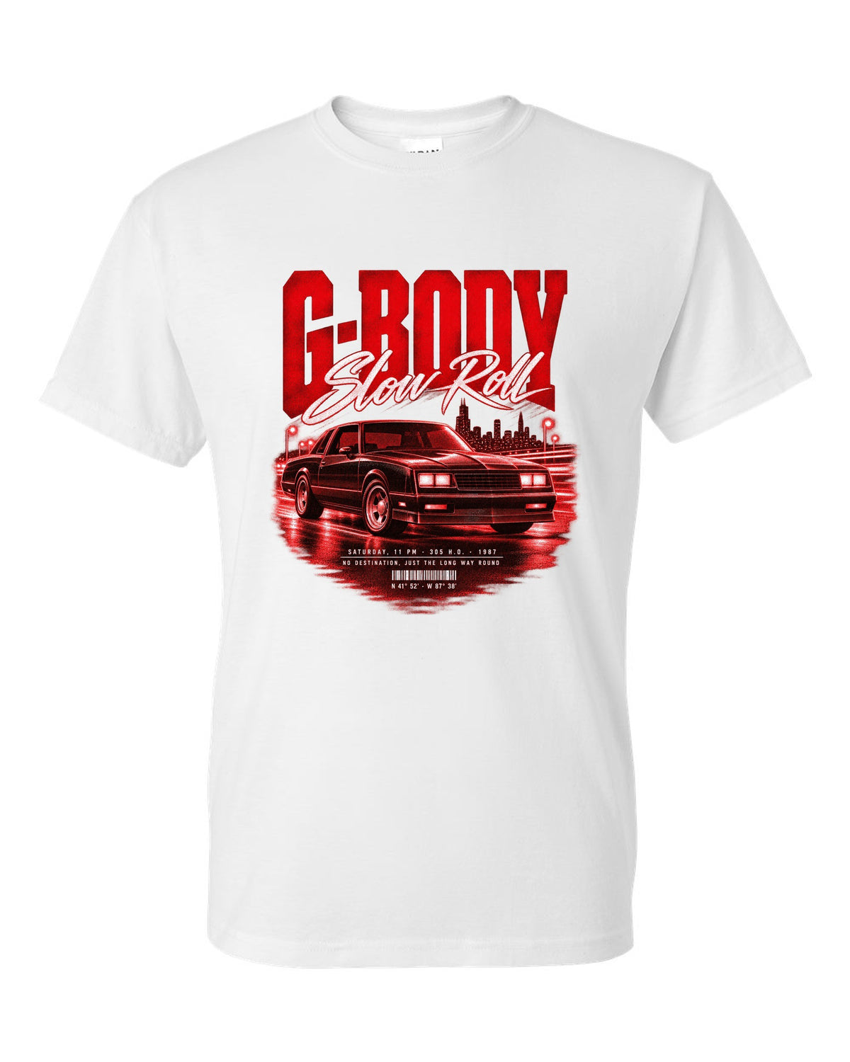 1987 Monte Carlo SS G-body street poster print with Slow Roll lettering white t-shirt front view with the design