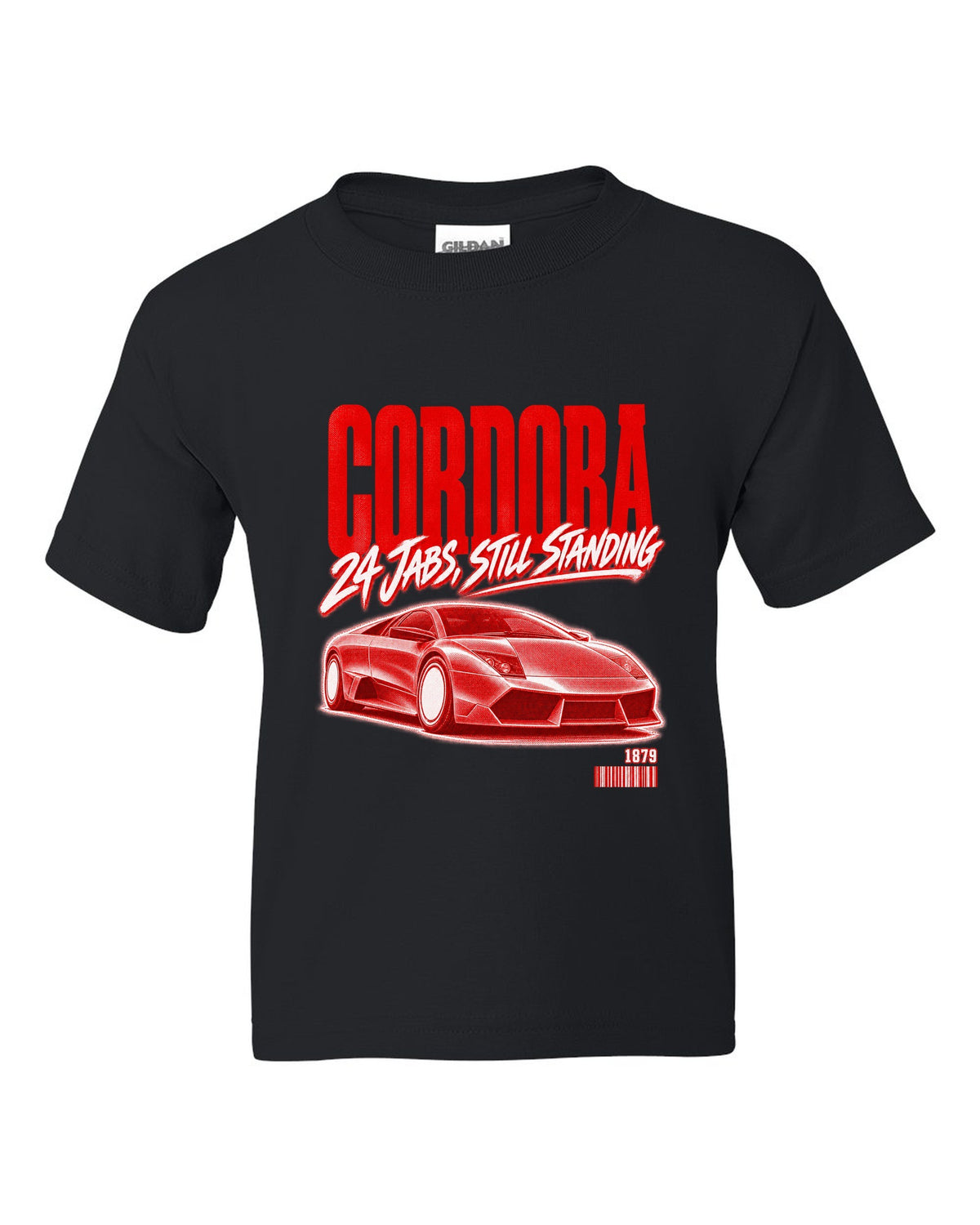 Street poster print of a Lamborghini Murcielago LP640 with Cordoba and 1879 text black kids tee front view with the design