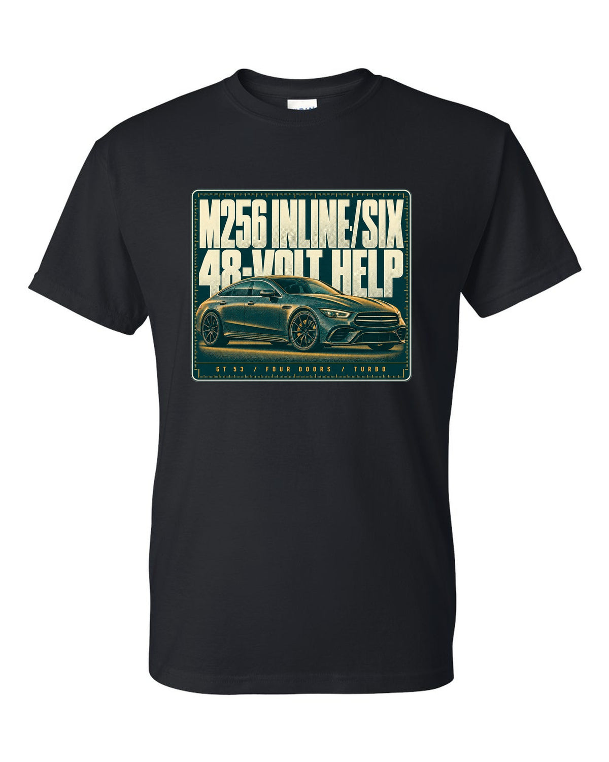 Mercedes-AMG GT 53 4-Door X290 teal and amber halftone print black t-shirt front view with the design