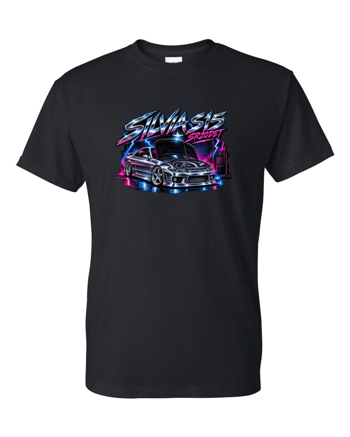 Airbrush chrome poster print of a Nissan Silvia S15 with SR20DET lettering black t-shirt front view with the design